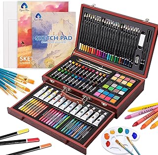Art Supplies, Deluxe Wooden Art Set Crafts Drawing Painting Kit with 12 Watercolor Paints, 12 Brushes, 2 Sketch Pads, 2 Canvas Boards, Palette, Creative Gift for Adults Teens Kids Beginners Girls Boys