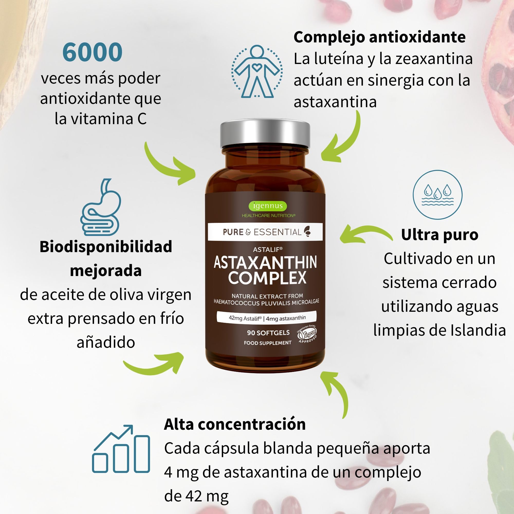 Igennus Astaxantina Natural 4mg, Potente Antioxidante, 90 Cápsulas 1 al Día, Alta Pureza de Microalgas H. Pluvialis, Origen Controlado, Ingredientes Puros, Suplemento Vegano
