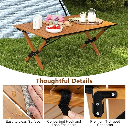 Miniatura 4 de COSTWAY Mesa de picnic plegable, mesa de campamento de aluminio enrollable con veta de madera, mesa de playa portátil de baja altura con bolsa de