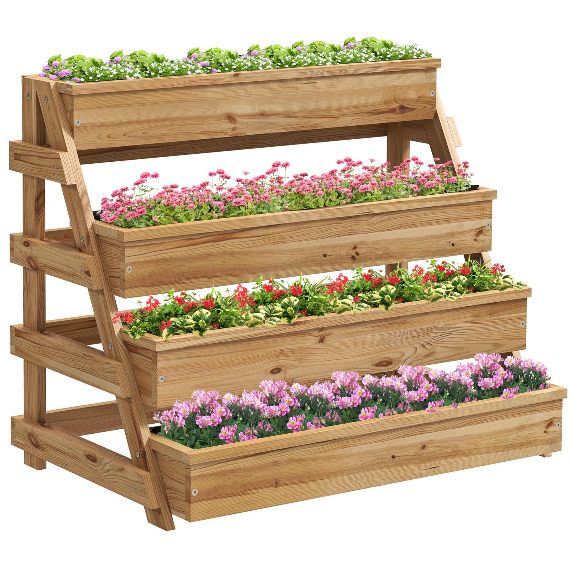 Outsunny Letto per Orto Rialzato da Esterno a 4 Livelli, Fioriera Rialzata in Legno di Abete con Fori di Drenaggio e Tessuto non Tessuto, per Piante, Fiori e Verdure, 75x57x60.5 cm, Color Legno