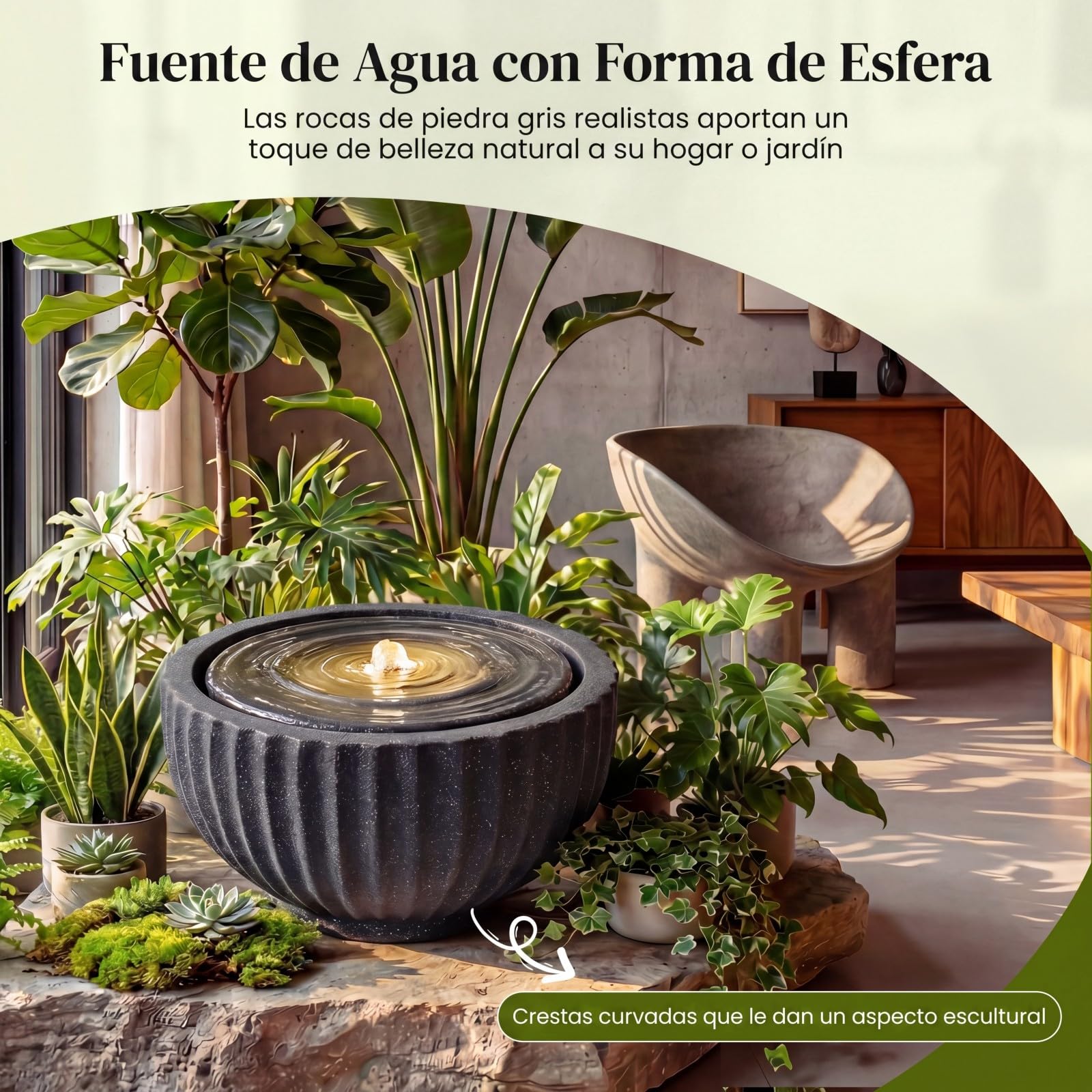 COSTWAY Fuente de Agua Decorativa, Fuente Jardín Exterior Redonda de Resina con Iluminación LED, Flujo de Agua Ajustable y Bomba, para Jardín, Patio, Terraza, Porche, 45 x 23,5 cm
