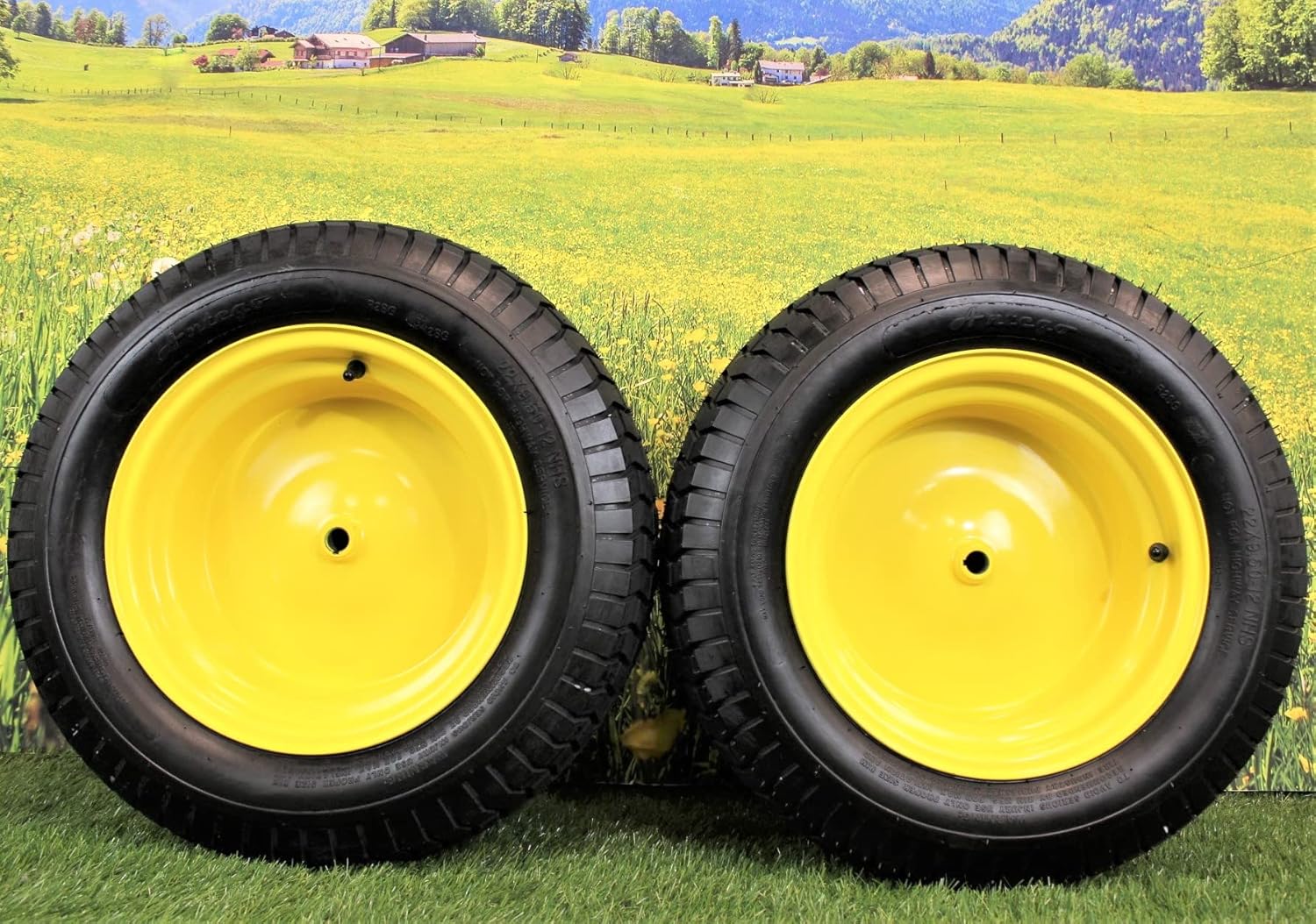 Antego Tire & Wheel - Set of Two 22x9.50-12 Tire & Wheel Assemblies | Compatible with Various John Deere Models | JD Yellow | Tubeless | 4 Ply # GY20663