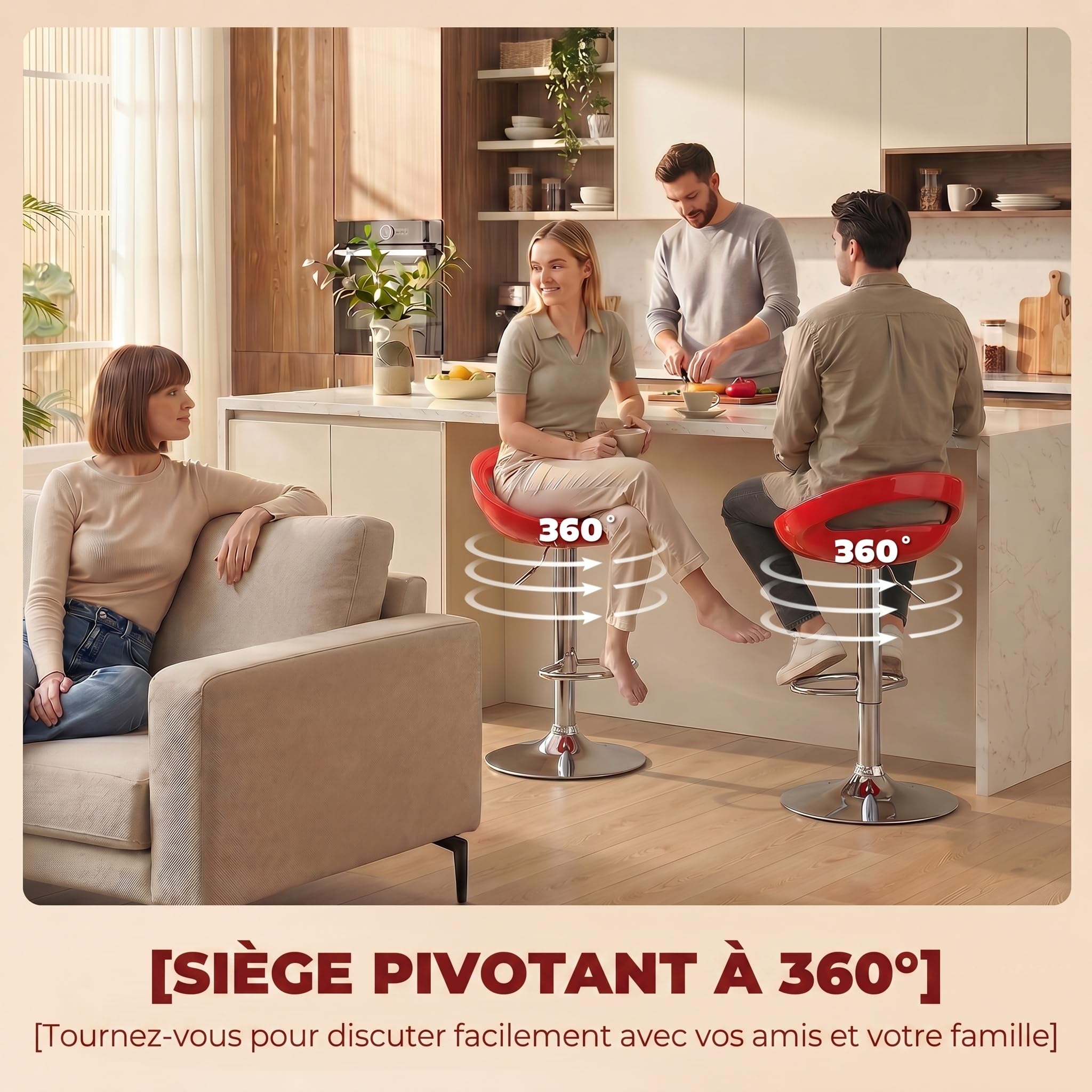 HOMCOM Lot de 2 Tabourets de Bar Réglable en Hauteur 46x41x76-96cm Rouge