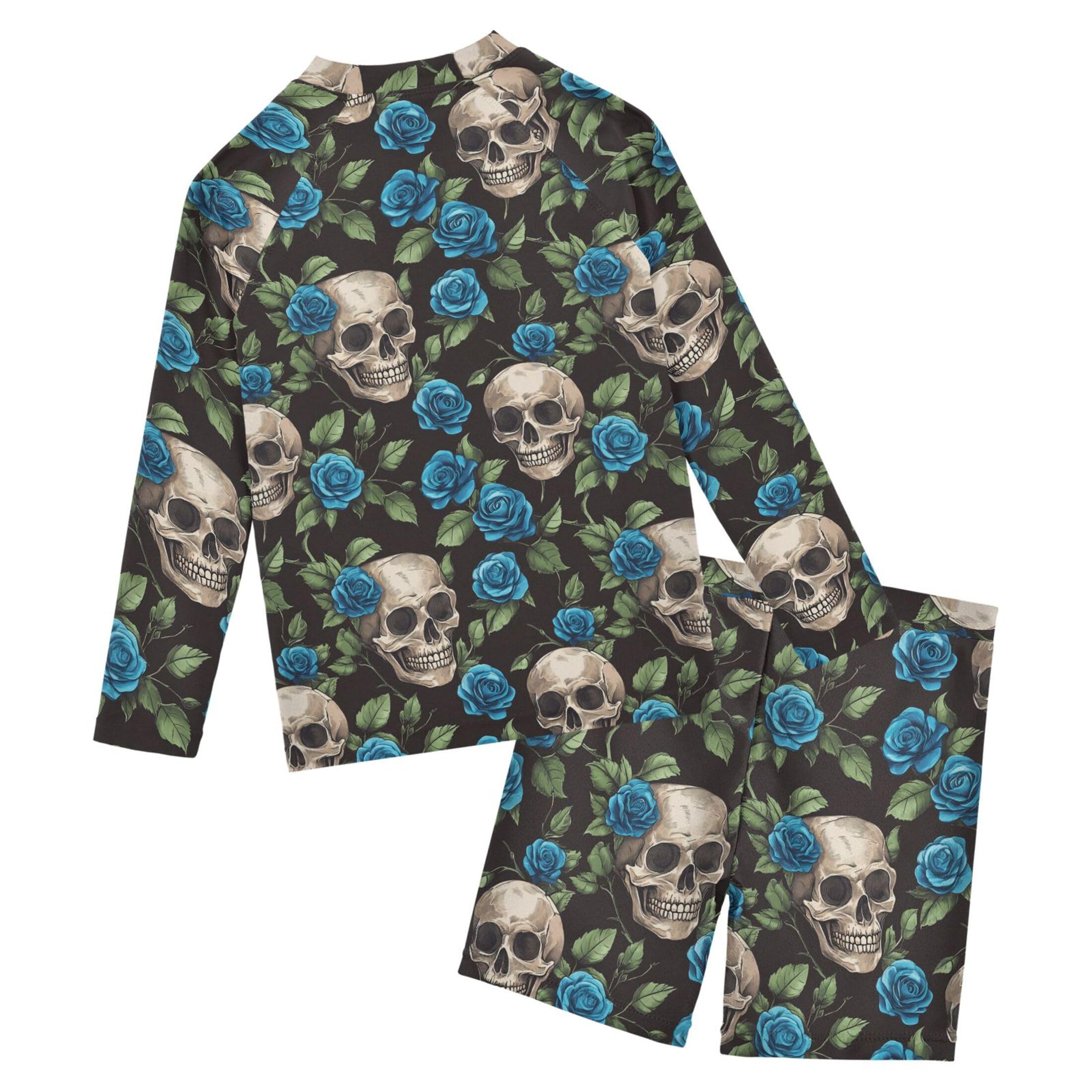 Skull Flower Boys Rash Guard Swimsuits Set for Boys Long Sleeve Swim Shirts Bathing Suits with Trunks B0404464