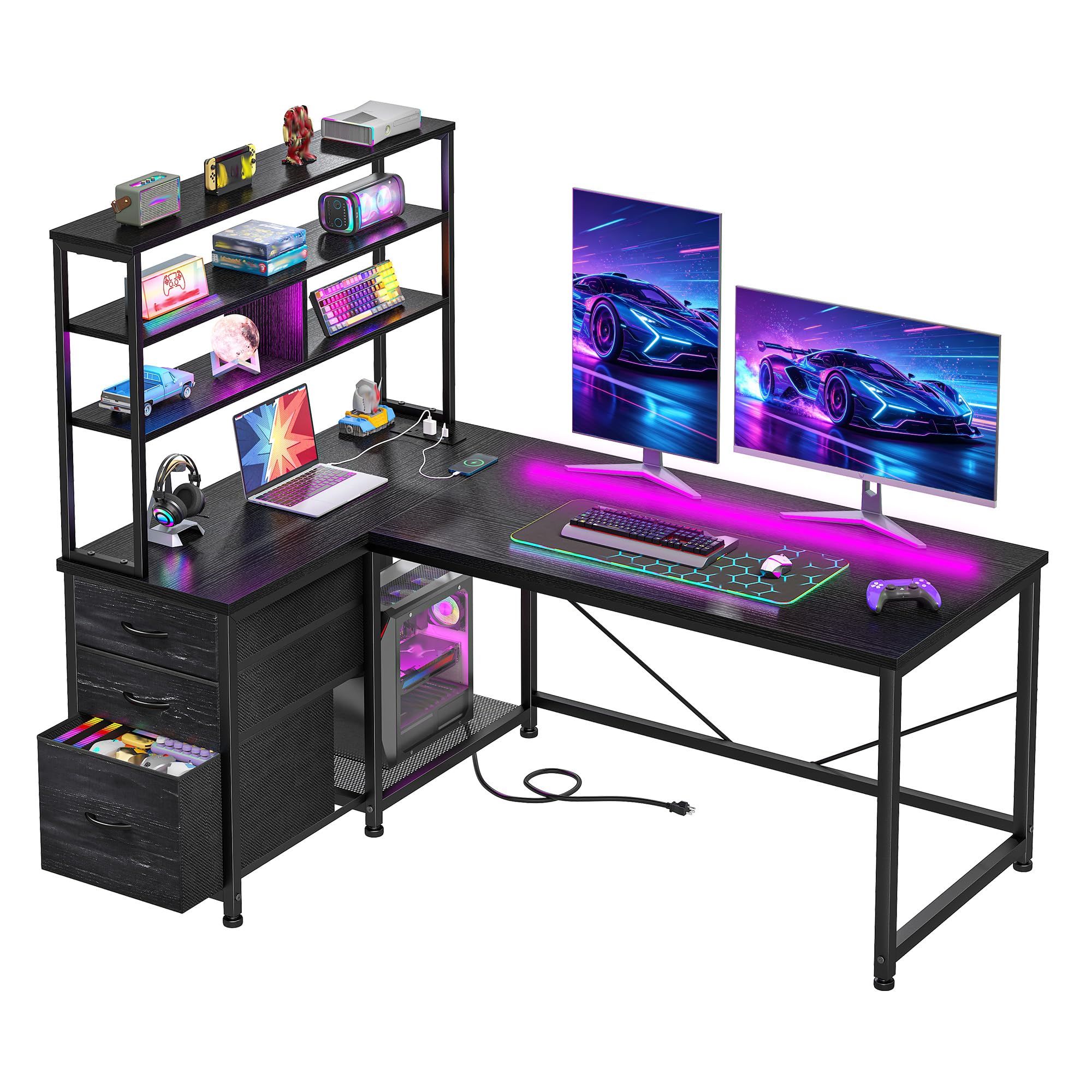 Cliporix L Shaped Gaming Desk with LED Light & Power Outlet, 120cm Reversible Computer Desk with 3 Fabric Storage & Storage Shelf & Mesh CPU Stand, Corner PC Desk for Gaming (Black, 120 * 80 * 150cm)