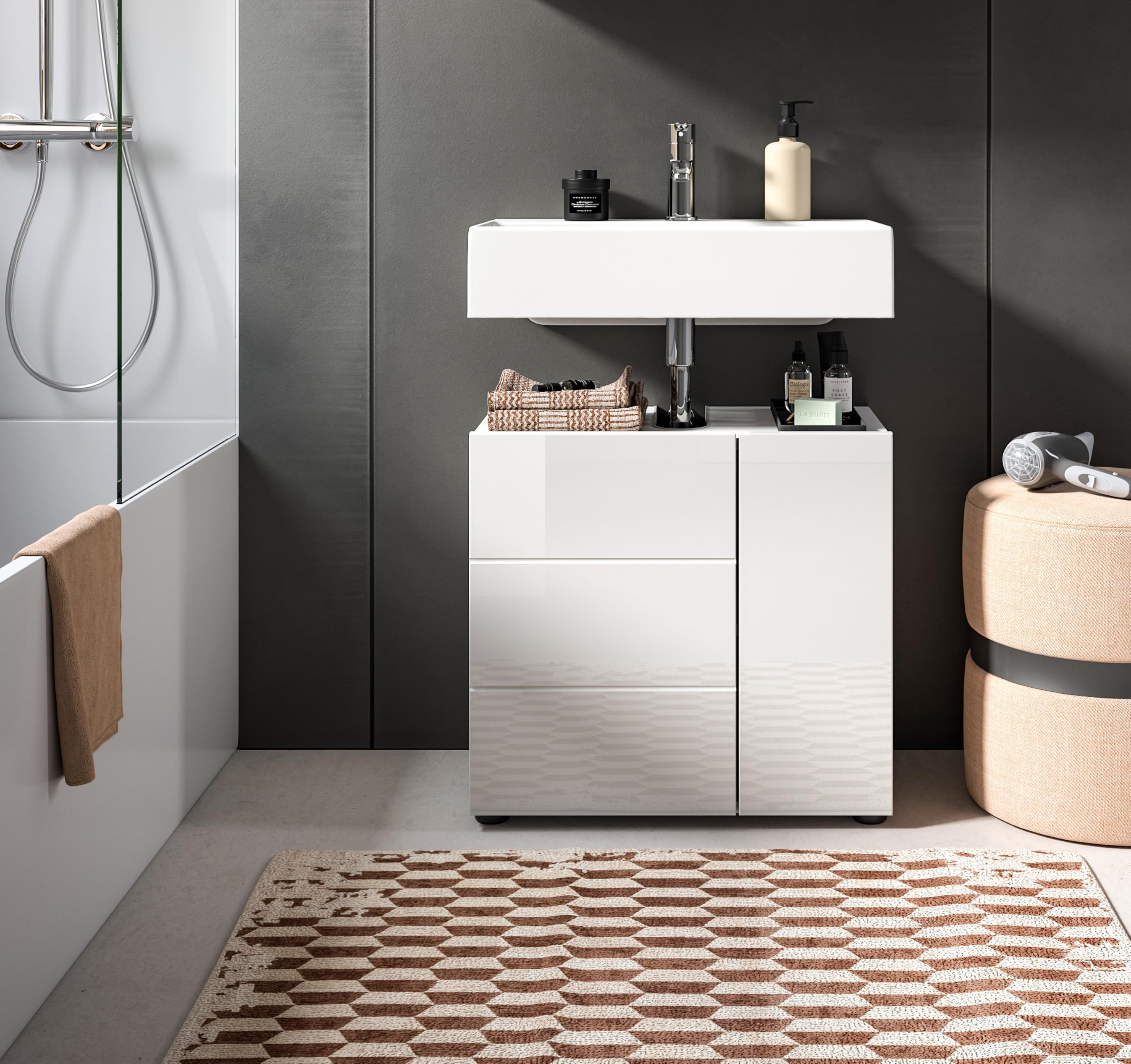 xonox.home - Waschbeckenunterschrank Vira 60x56x34 cm in Front weiß Hochglanz Tiefzieh Korpus weiß Melamin - Unterschrank Badezimmerschrank - modern, praktisch und funktional