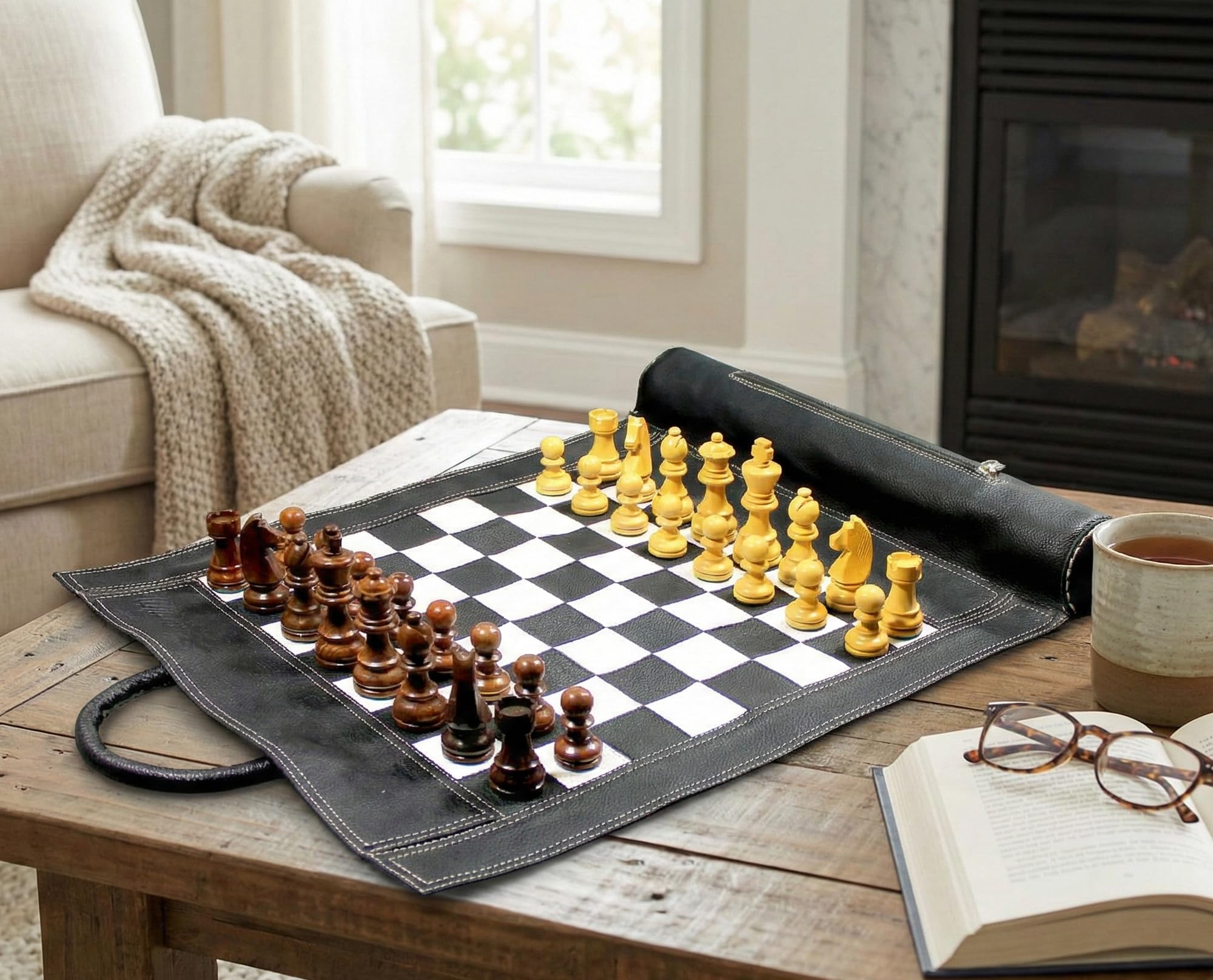 StonKraft 19" x 15" (Chess Board Size 12" x 12") Genuine Roll-Up Leather Chess Set - with Wooden Chess Pieces - Black Colour | Comes with a Innovative Carry Pouch