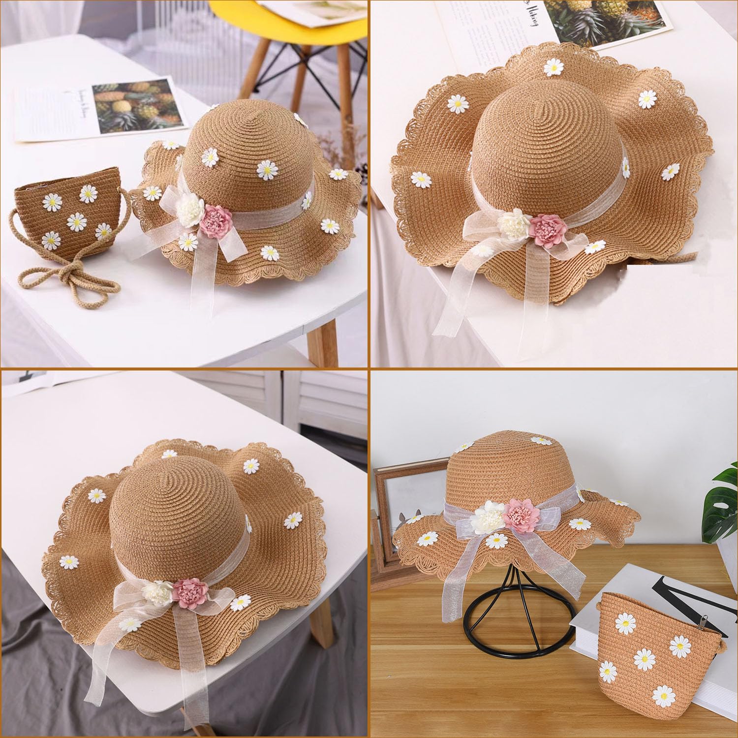 Chapeaux De Paille Filles, Chapeau avec Sac, Chapeau De Soleil en Paille pour Enfants, Rose, Kaki, Papyrus