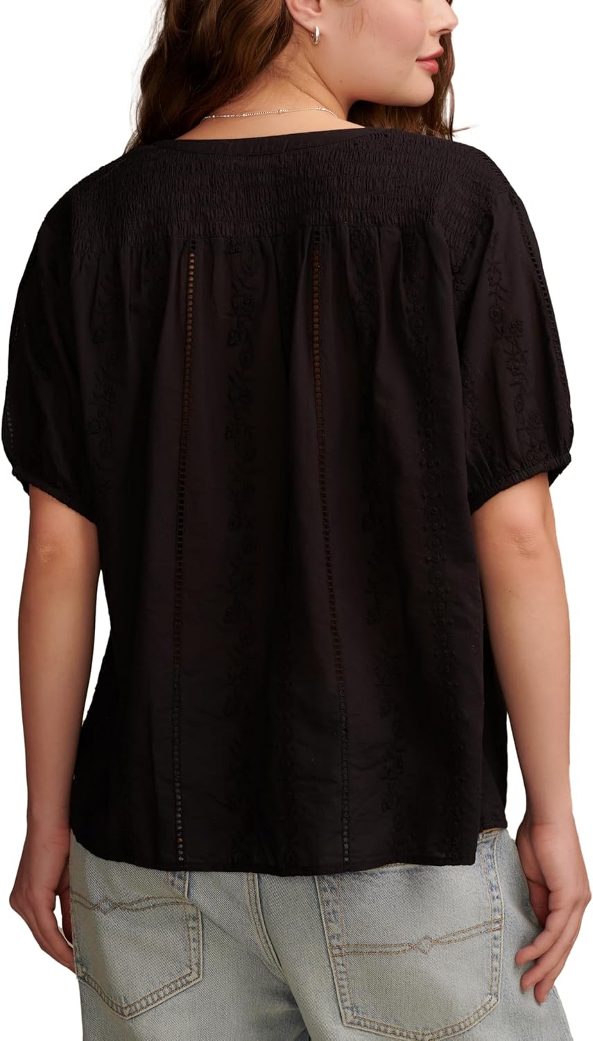 Lucky Brand Womens Lucky Brand Women's Solid Smocked Shoulder Blouse - Image 3