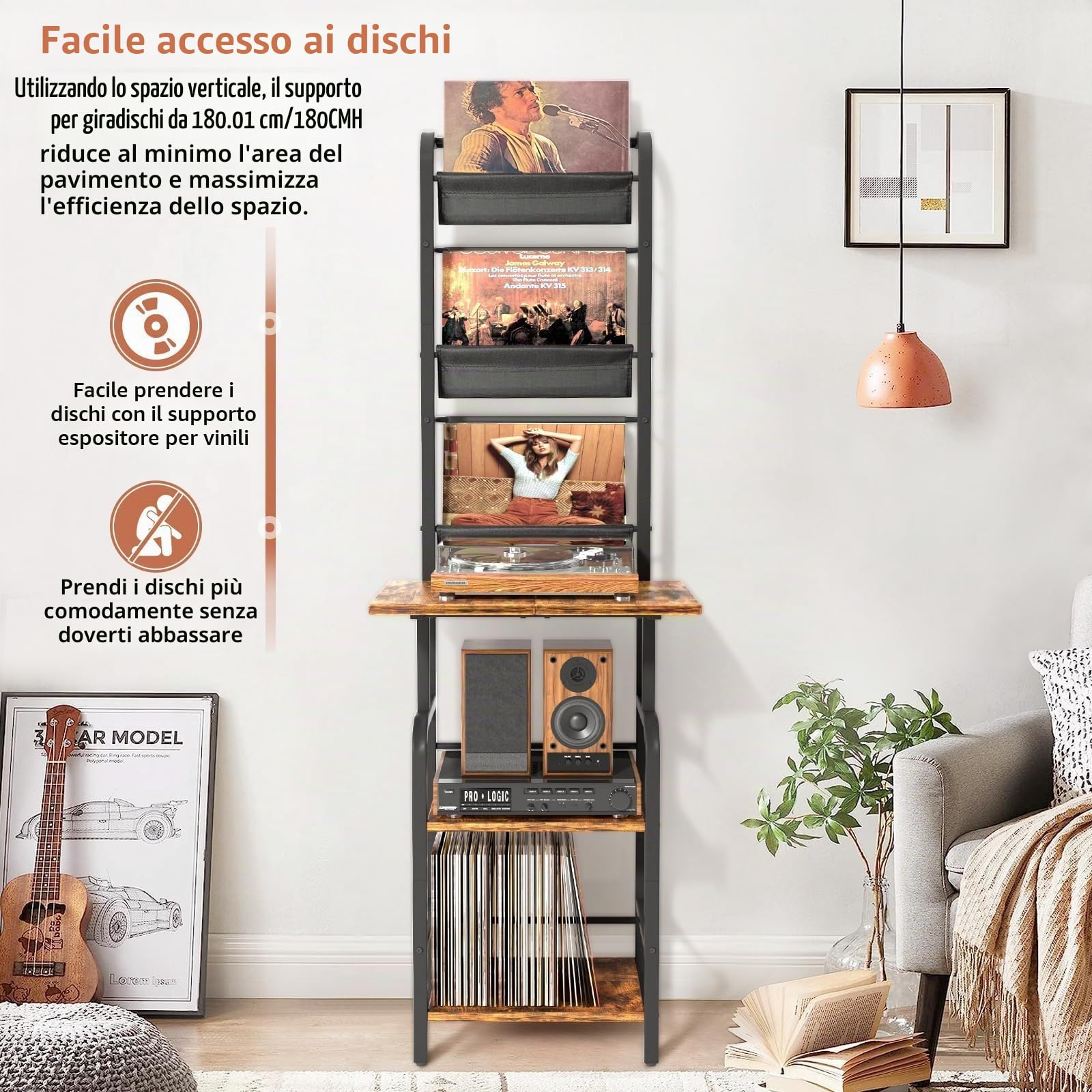 Bikoney Mobile Giradischi Alto con Supporto per Vinili – Tavolino per Giradischi con Ripiano Espositivo e Fissaggio a Muro, Porta Vinili per Fino a 200 Dischi per Soggiorno o Camera da Letto