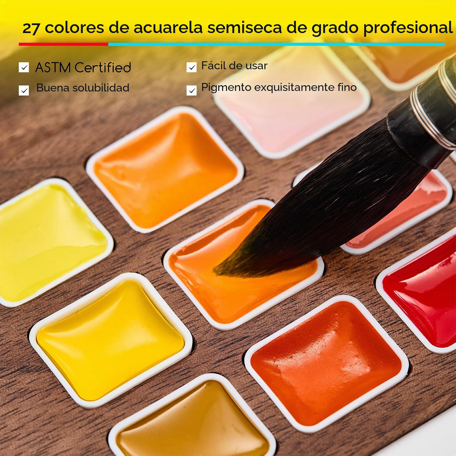 MEEDEN Juego de pintura de acuarela, colección de lujo de 27 colores con estuche de nogal negro, pinceles de pelo de ardilla natural y pinturas de grado artista, kit de acuarela de viaje perfecto para