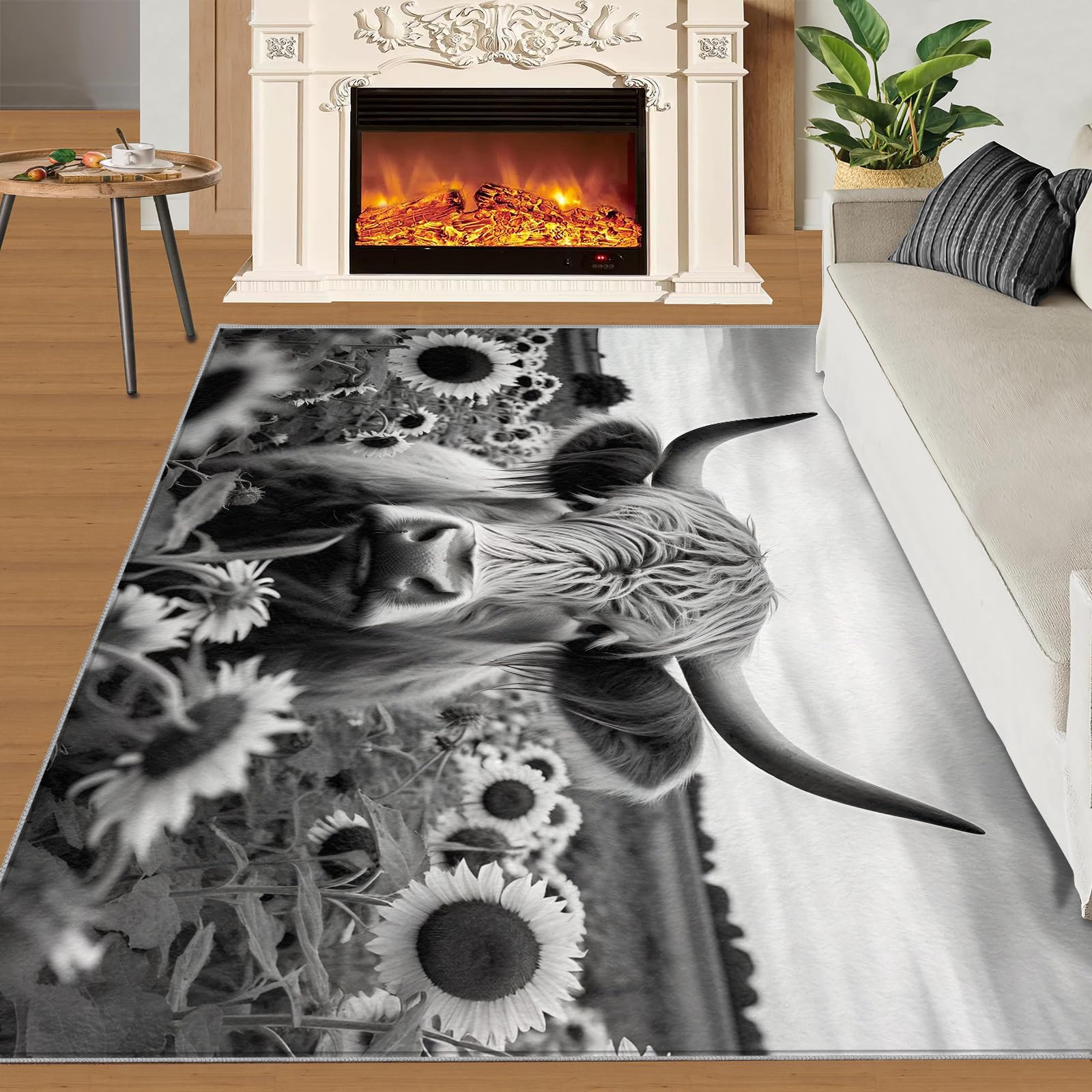 SANSJI Highland Cow Rugs for Bedroom - 60 x 120, Gray Cow Area Rug, Stain Resistant Washable Non Slip, Farm Sunflower Style, Animal Theme Theme, Soft Low Pile Rectangle Carpet