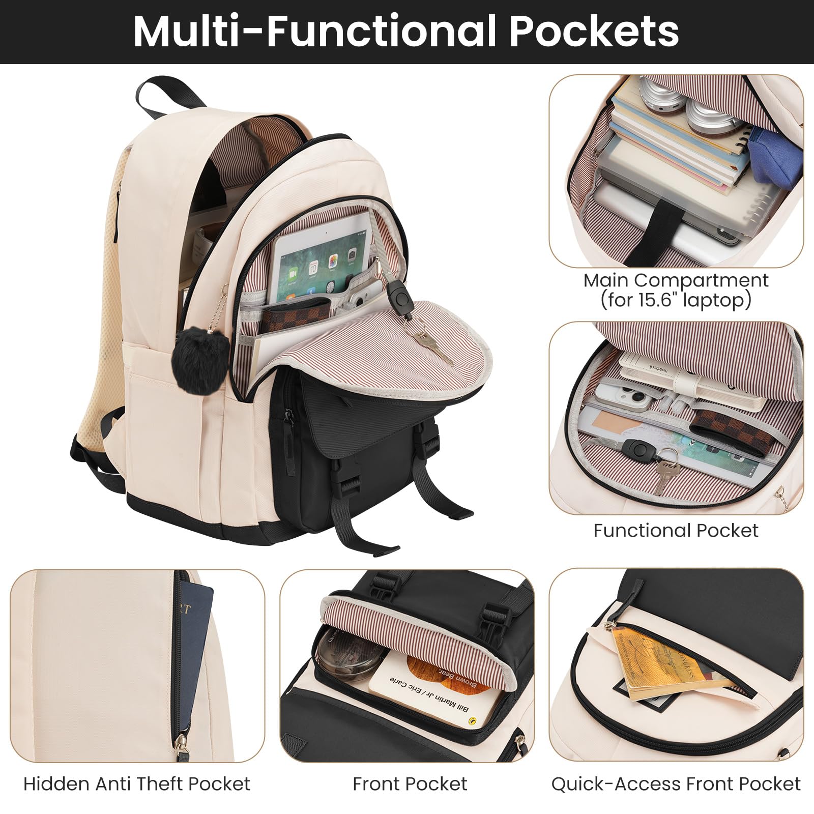 YAMTION Sac à dos d'école 3 pièces pour adolescentes, filles et femmes, ensemble de sac à dos kawaii avec sac à déjeuner et trousse à crayons pour l'école