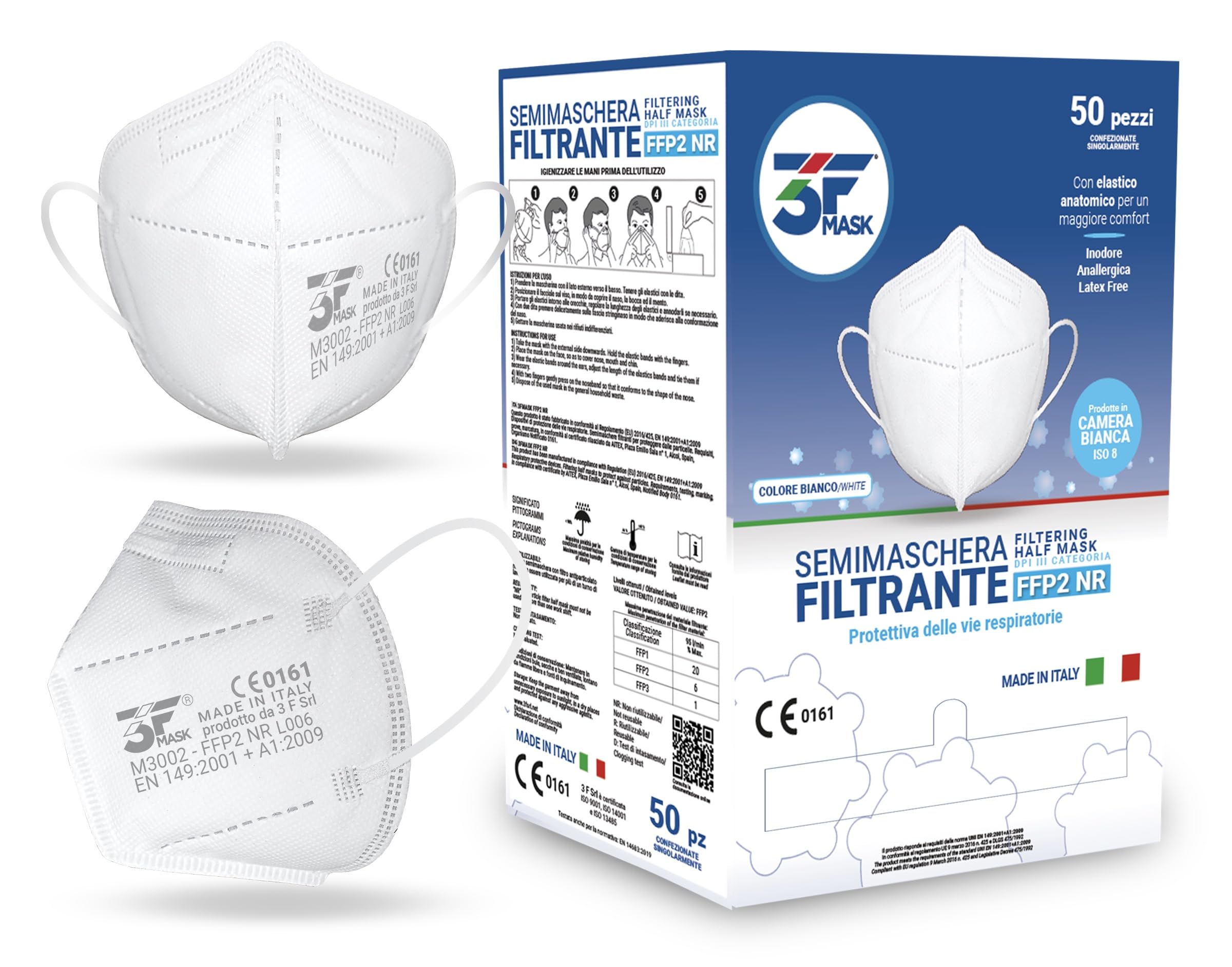 Lot de 50 masques FFP2 certifiés, fabriqués en Italie, emballés individuellement – ​​conformes à la norme UNI EN 149:2001+A1:2009 – couleur Blanche