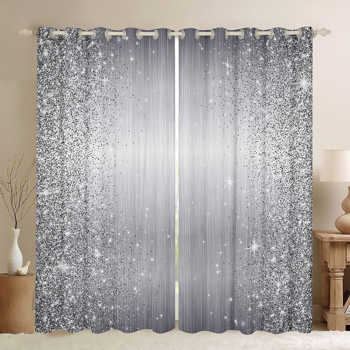 Manfei Glitter Blackout Curtains Sliver Grey Sequins Sparkling Window Drapes for Kids Girls, Grey Abstract Print (No Glitter) Window Treatments, Grommet Top 2 Panel Set Bedroom Curtains, 66Wx90L inch