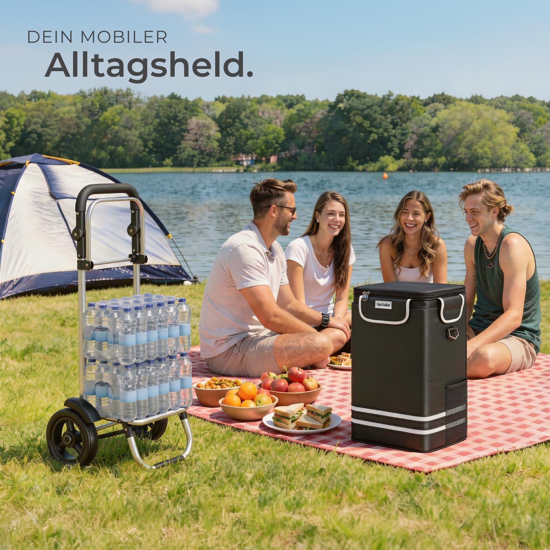 tectake® Einkaufstrolley 3-in-1 klappbar mit Kühltasche, 30 kg belastbar, 45,5 L, Einkaufsroller, Shopper, Sackkarre, Umhängetasche, Trolley Tasche, höhenverstellbarer Griff, Alu Gestell - schwarz
