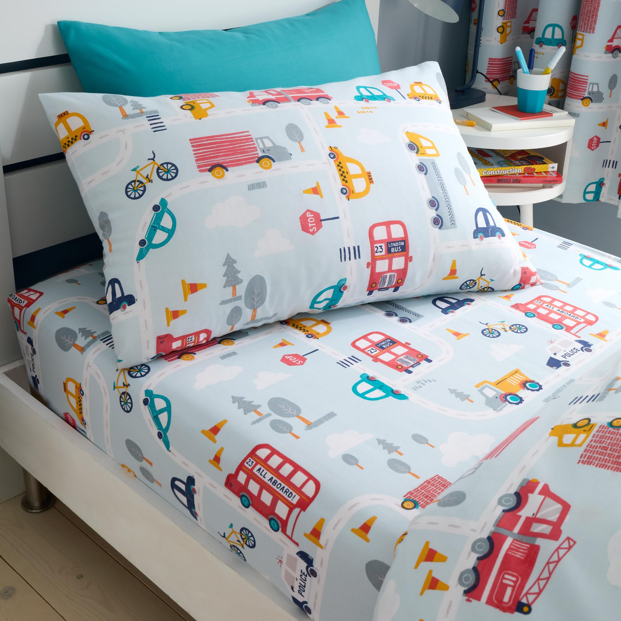 Happy Linen Company Sacco A Pelo Reversibile Per Bambini Con Motivo Auto Su Strada | 155x65 Cm, Imbottito, Con Borsa, Per Pigiama Party E Campeggio, Blu