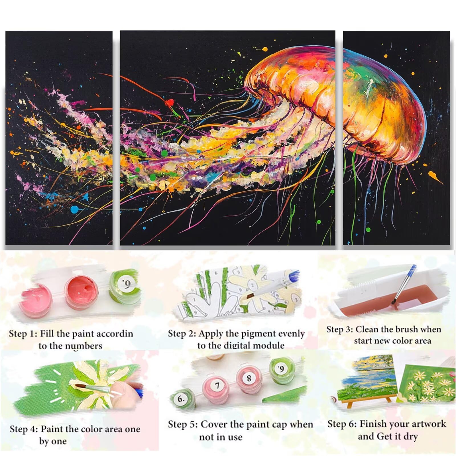 Malowanie według liczb, meduzy (6) malowanie według liczb, dla dorosłych, 3 sztuki "zrób to sam" Sen 60 x 120 cm, dla dorosłych, z pędzlami i farbami akrylowymi, zestaw do majsterkowania dla dorosłych