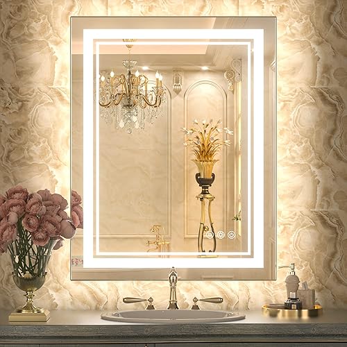 TokeShimi Espejo LED de baño de 28 x 36 pulgadas, espejo retroiluminado frontal con doble tira de luz, 3 colores CRI 90+ función de memoria antivaho