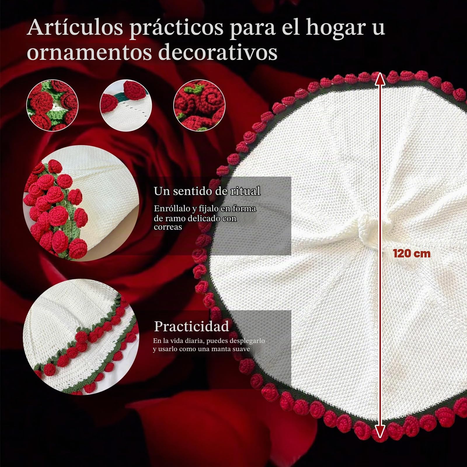 Manta de ramo, Ramo de flores manta, Diámetro 120 x 120 cm,manta de ramo de flores de ganchillo, suave y ligera, para decoración de Cama del hogar, guardería, Boda, inauguración de la casa,52 rosas 3D
