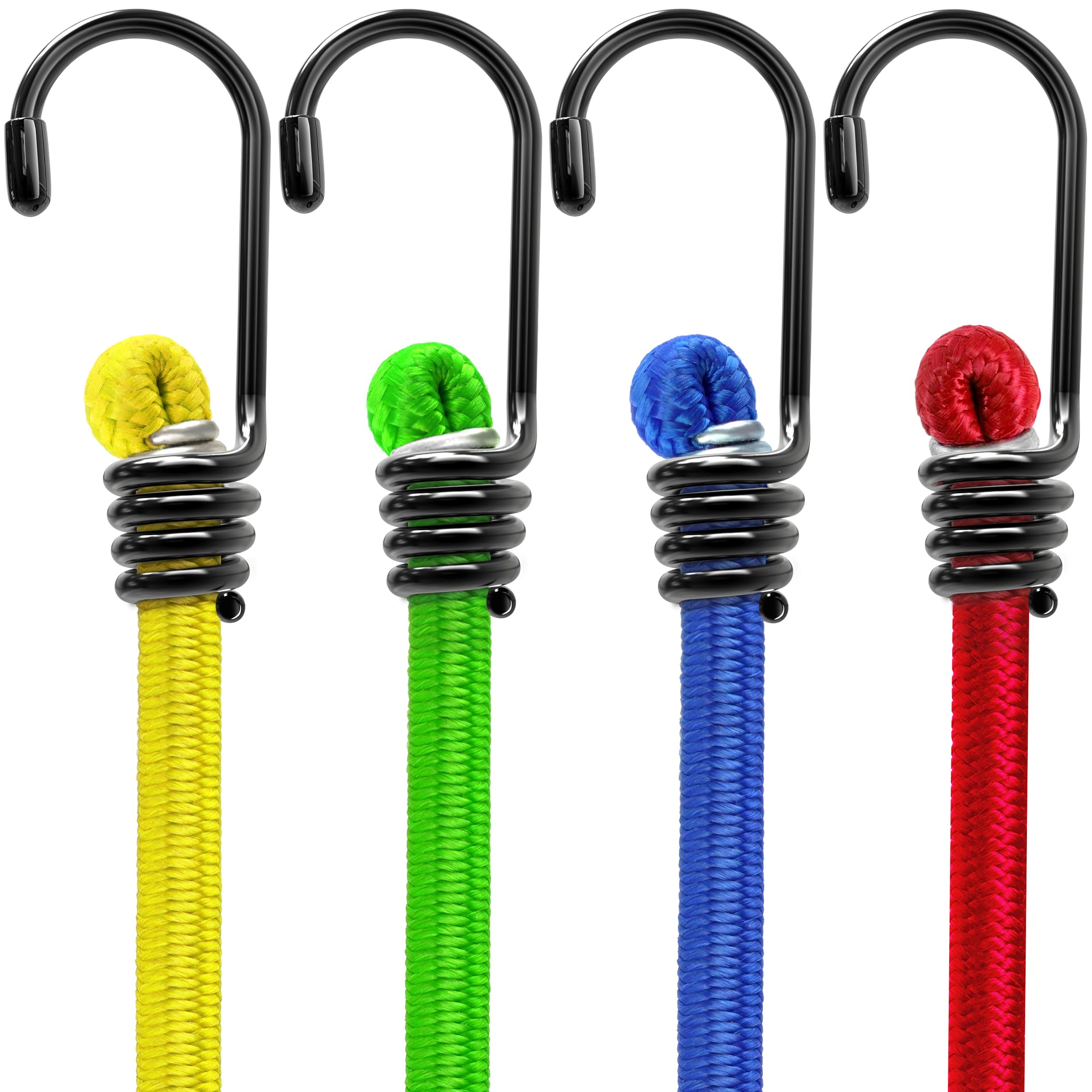 Bungee Cords with Hooks - Heavy Duty Elastic Bungee Straps Weatherproof & UV-Resistant – Ideal for Securing Luggage, Camps, Tarps, Garden, Bin Lid Covers (200cm - 4 Pack)