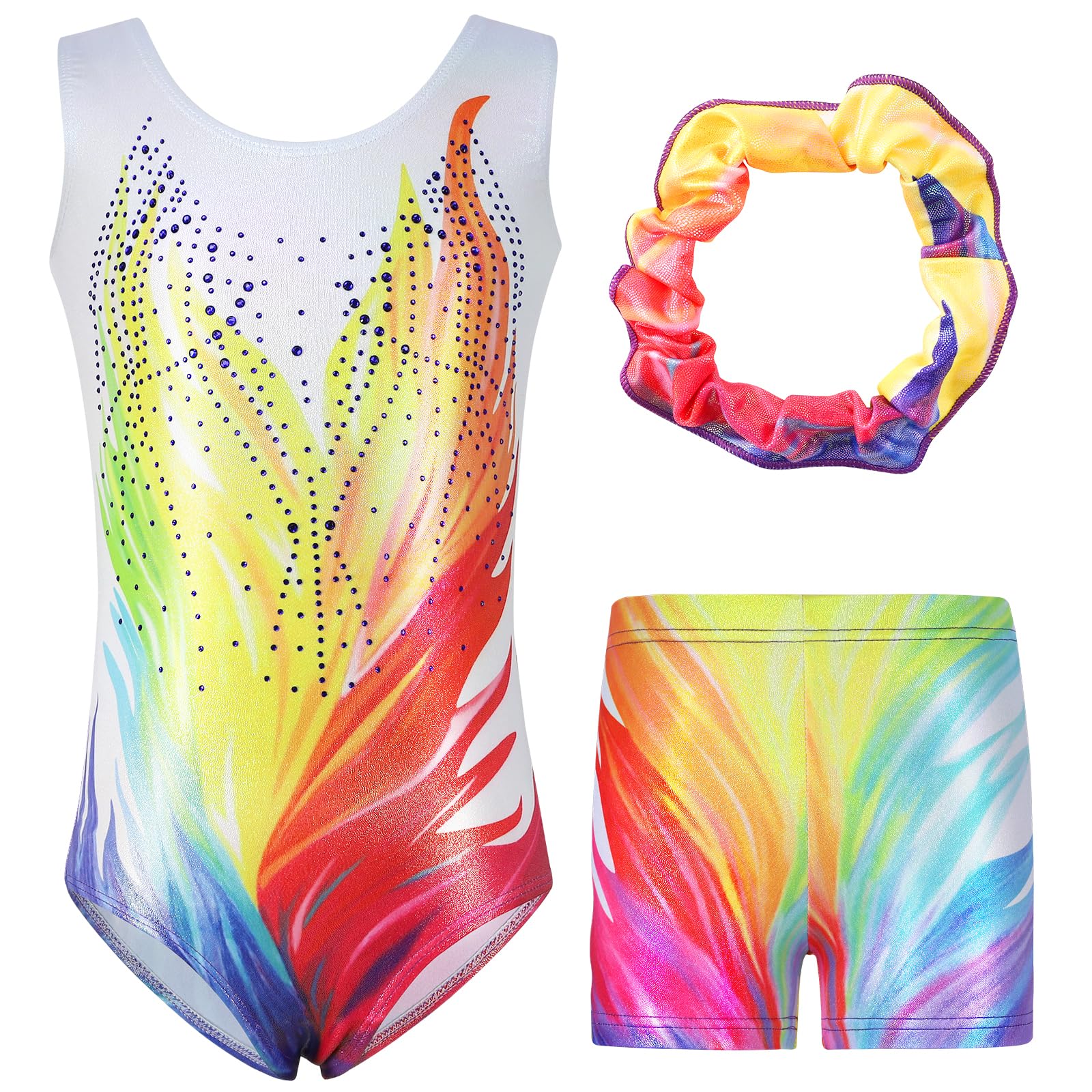 HovershoesGirls Three-Piece Gymnastics Leotards, Long Sleeve/Sleeveless Leotards with Shorts and Hairband Gymnastics Outfits Athletic Dancewear Sparkly Ballet Dance Unitards for Kids