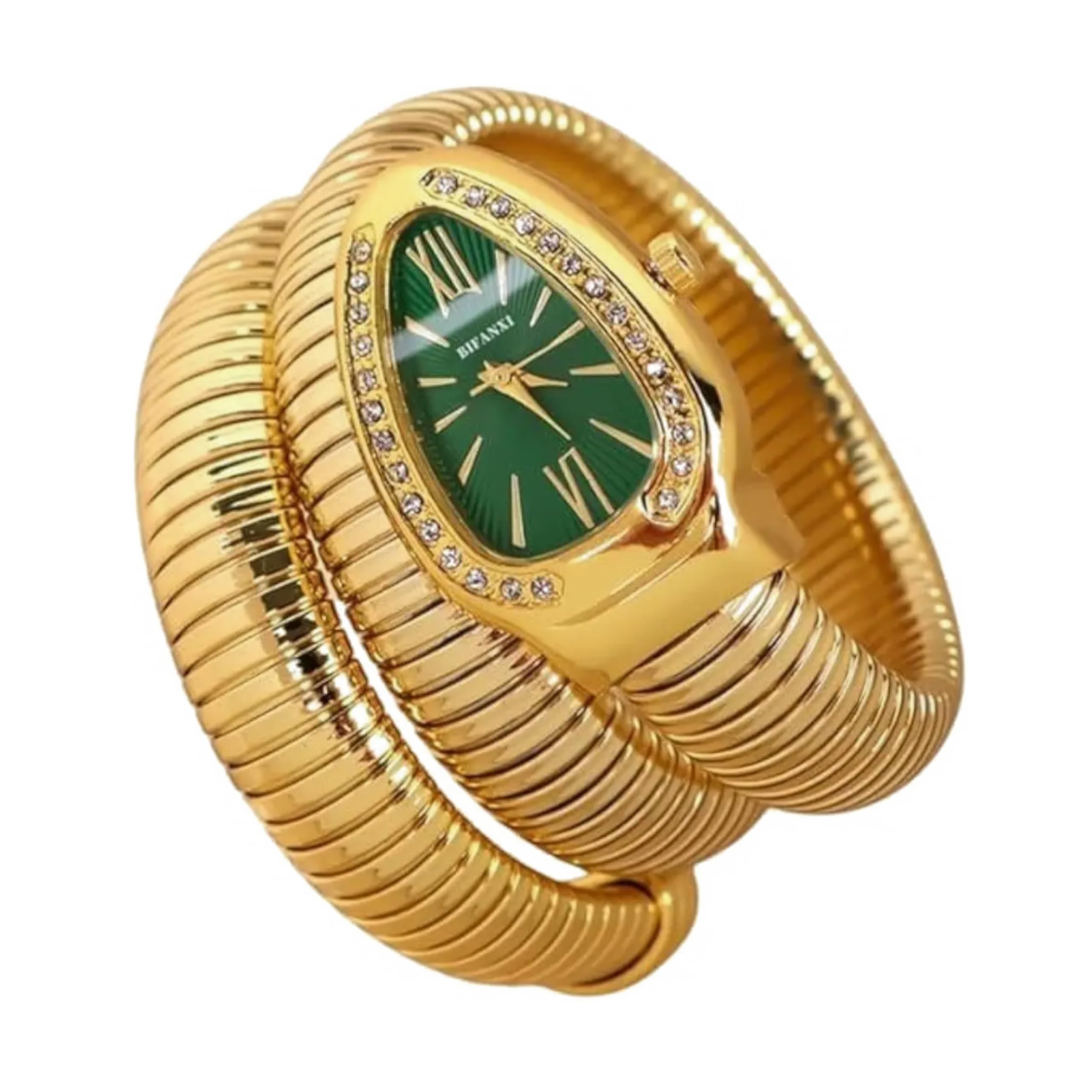 Women's Snake Wrap Bracelet Watch, Gold, Oval Dial with Diamond Bezel, Copper Strip Band, Spiral Crown-image-21