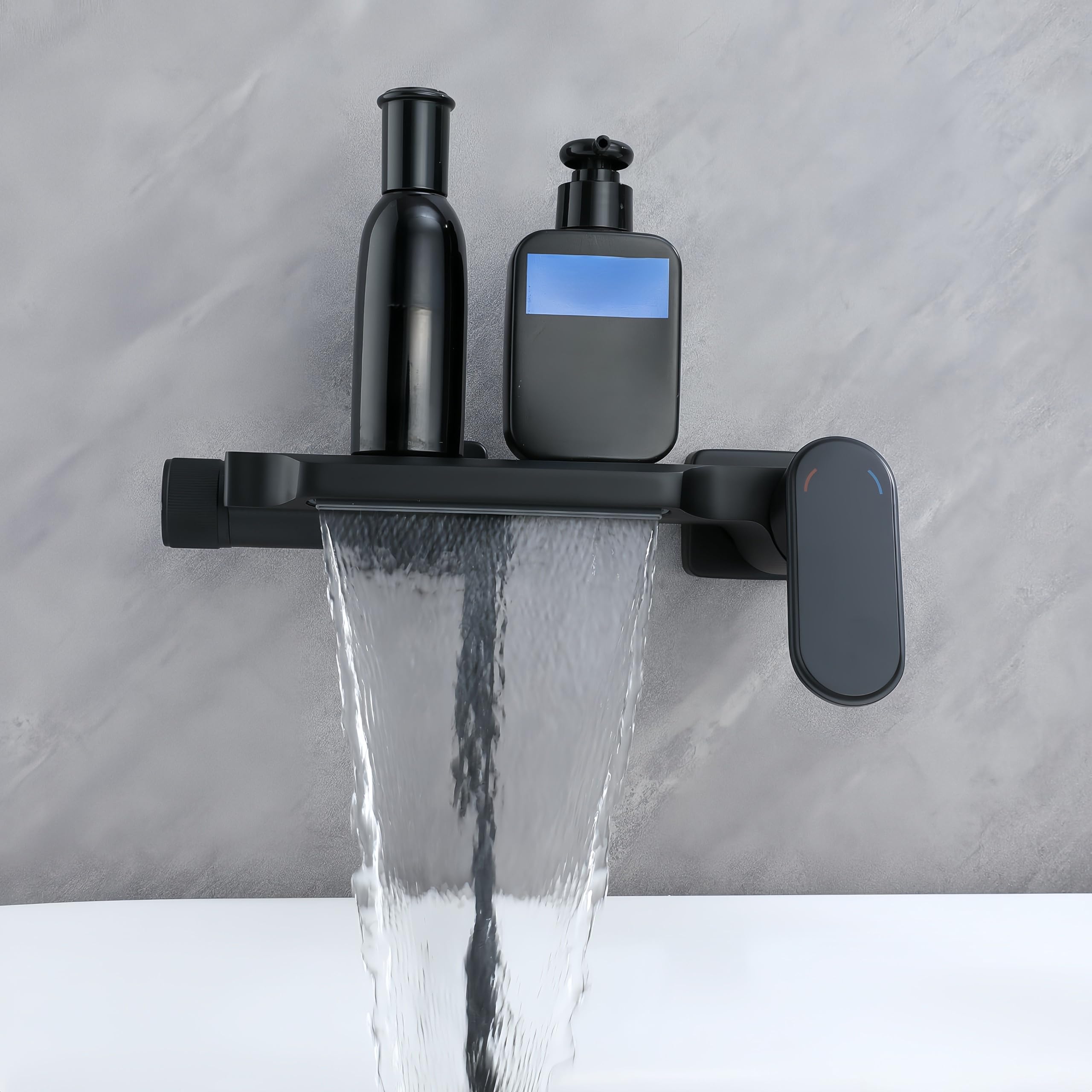 Grifo de Bañera Negro Cascada Con Ducha Monomando, Moderno Montaje en Pared de Latón Con Alcachofa