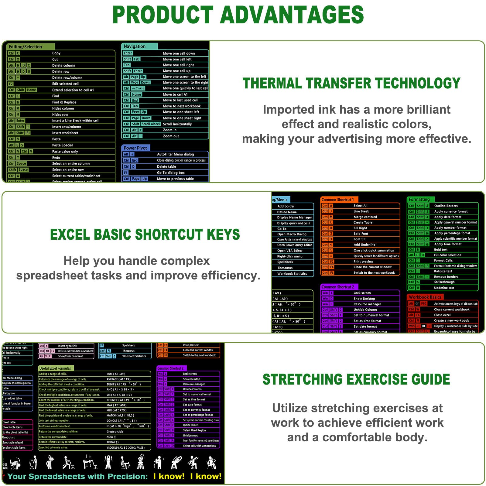 Excel Cheat Sheet Desk Mat, XXL Large Mouse Pad 40x90x0.3cm, Excel Shortcuts Mousemat - Gaming Mousepad, for Home Ofice Desks Computer Keyboard Laptop Protector Black Decor Accessories Gifts — view 8