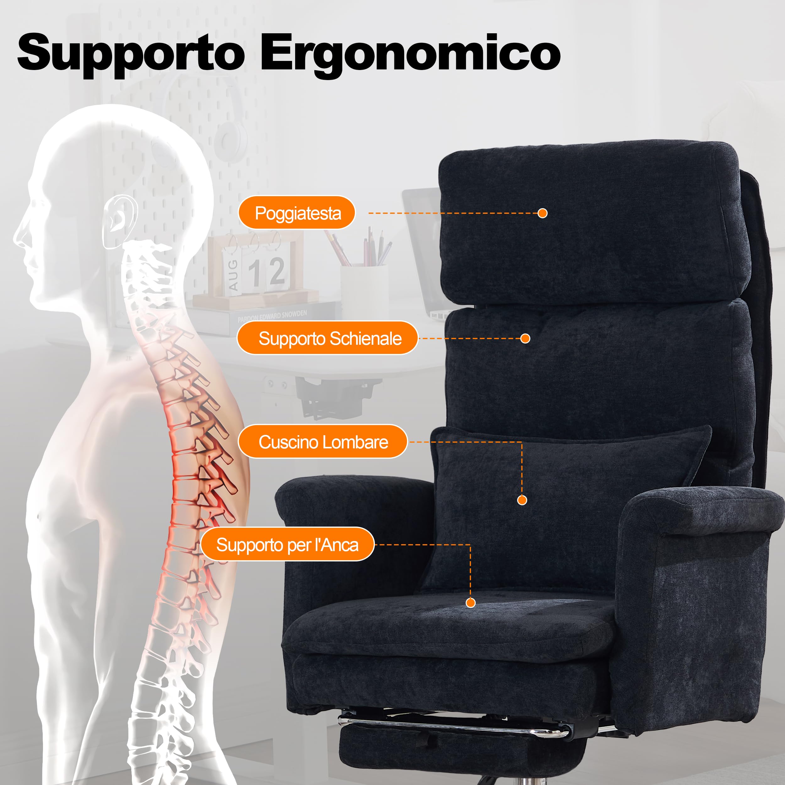 UEV Sedia Ergonomica con Braccioli Reversibili 90°-190°, Alta e Grande, Poltrona Ufficio Ergonomica con Poggiatesta Regolabile e Poggiapiedi Retrattile, Sedia da Scrivania, 70 x 65 x 116-123 cm, Nero