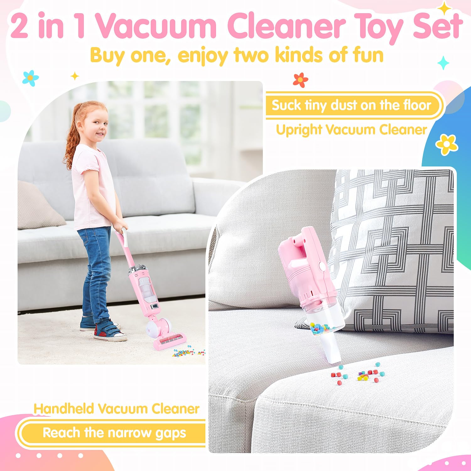 Kids Vacuum Cleaner Toy Set for Toddlers - 2PCS Toy Vacuum Sets for Toddlers 3+ Toddler Vacuum Toy That Works with Sound Effects, Baby Play Vacuum Pretend Role Play Household Housekeeping