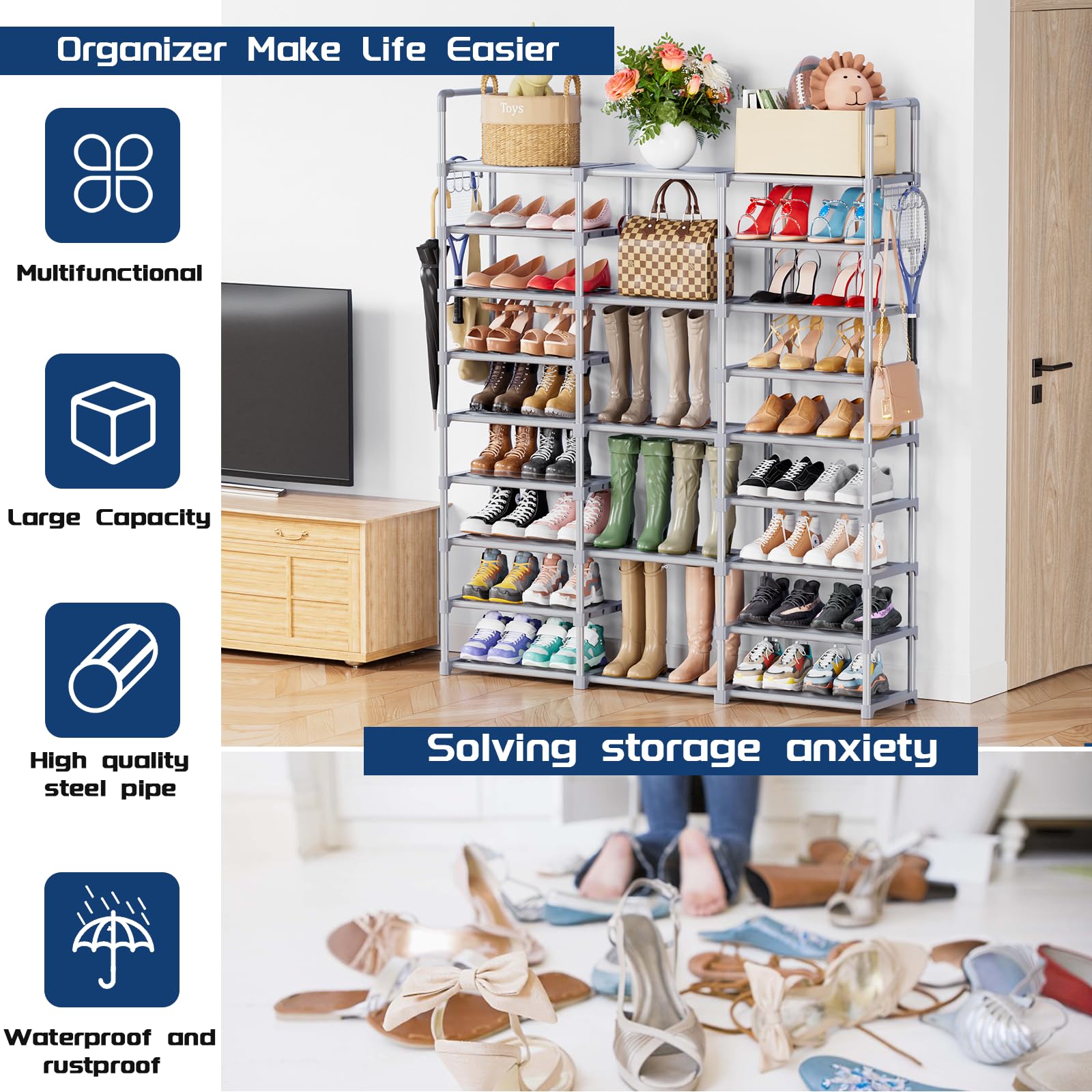 Mavivegue 9 Tiers Shoe Rack Tall Shoe Organizer Shoe Storage 50-55 Pairs Vertical Shoe Shelf Large Shoe Rack Organizer Stackable Shoe Racks for Entryway, Closet, Garage, Bedroom,Cloakroom -Grey