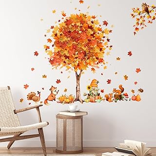 Large Size Fall Tree Wall Stickers Thanksgiving Maple Leaf Wall Stickers Autumn Harvest Pumpkin Tree Wall Decals Animals Window Sticker Farmhouse Wallpaper Decor for Living Room Bedroom Kids
