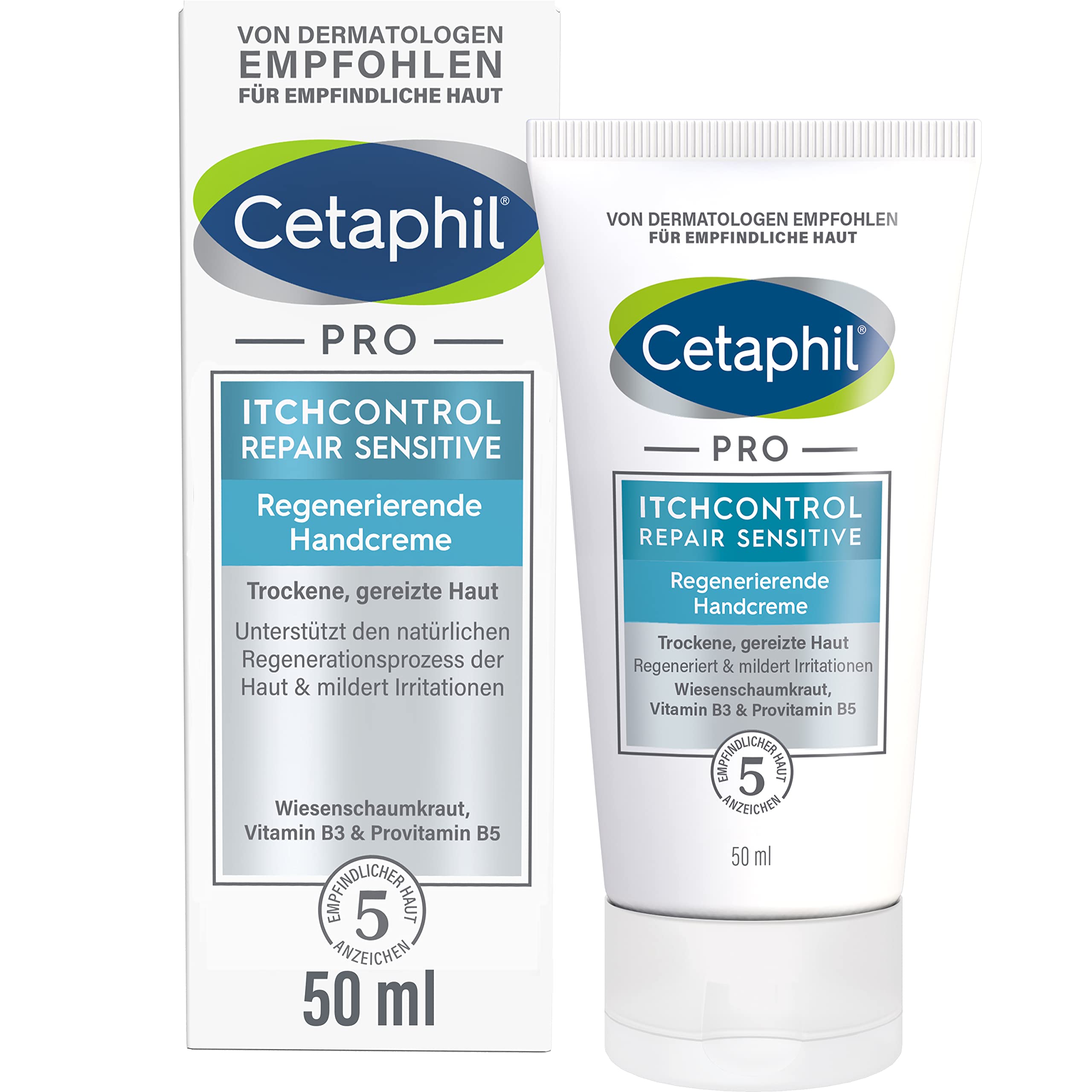 CETAPHIL PRO ItchControl Repair Sensitive Regenerierende Handcreme, 50ml, Für juckende, trockene und gereizte Hände, Glättet raue Hände & mildert Irritationen z.B. durch häufiges Händewaschen