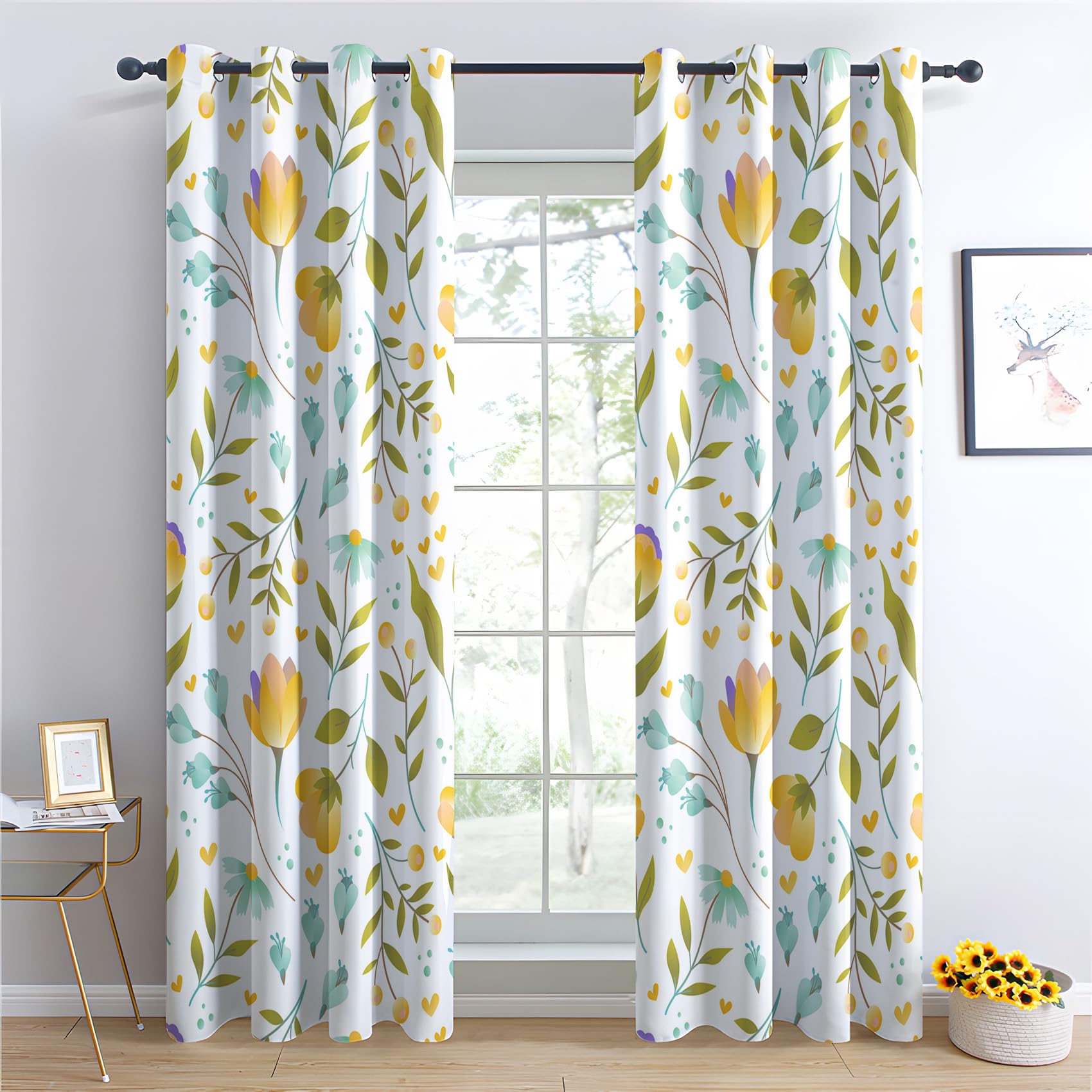 THYUNQ Rideaux Fleuris - Rideau Occultant Thermiques Imprimé pour Salon Chambre Fenetre, Lot de 2 Rideaux et Draperies Intérieurs à Oeillets, 140x220 cm (L x H
