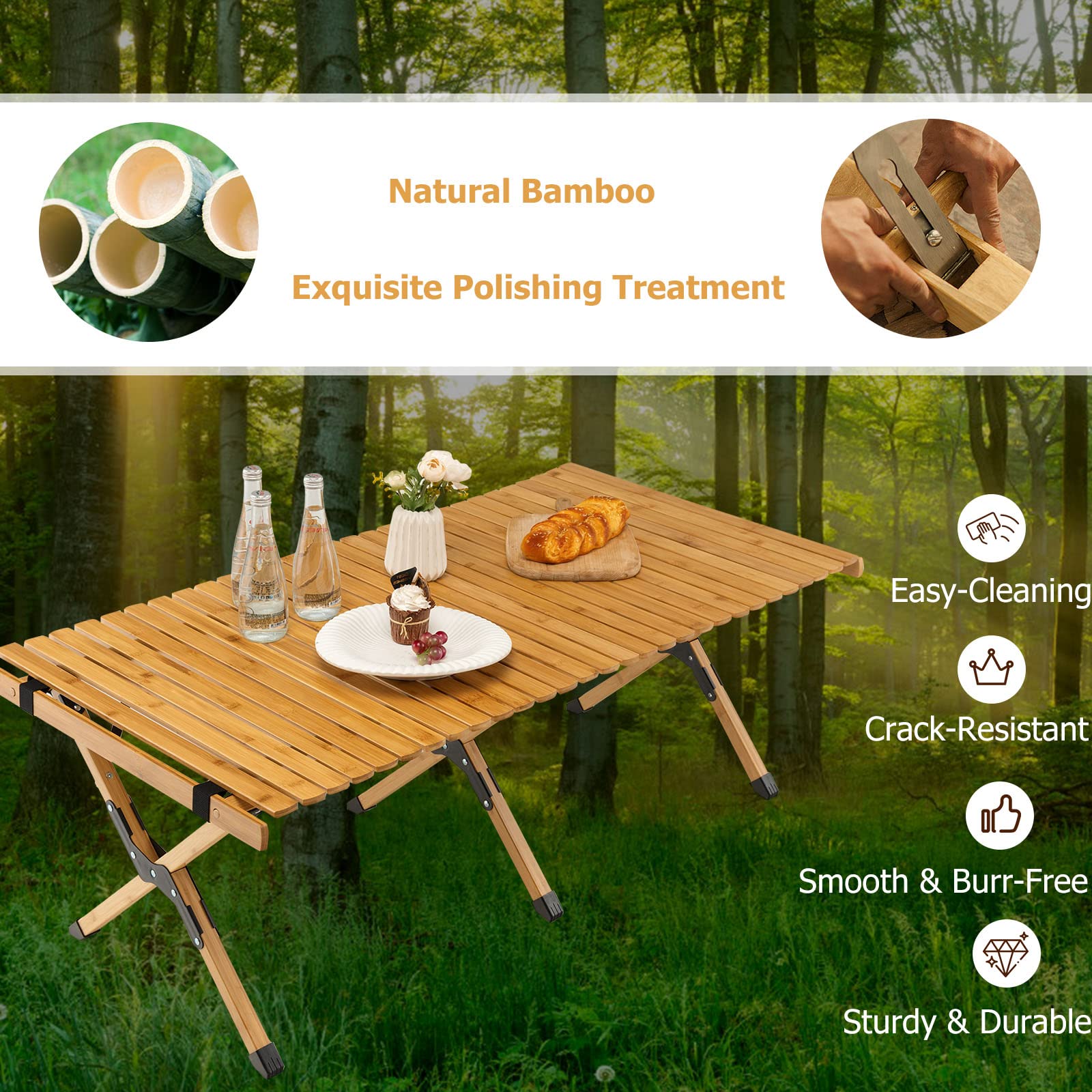 KOMFOTTEU Tavolo Pieghevole da Esterno, Tavolo da Picnic da Campeggio in Bambù, per 4-6 Persone, Tavolo Portatile con una Borsa, la Portata di 50kg, 122 x 60 x 43,5cm (Yellow)
