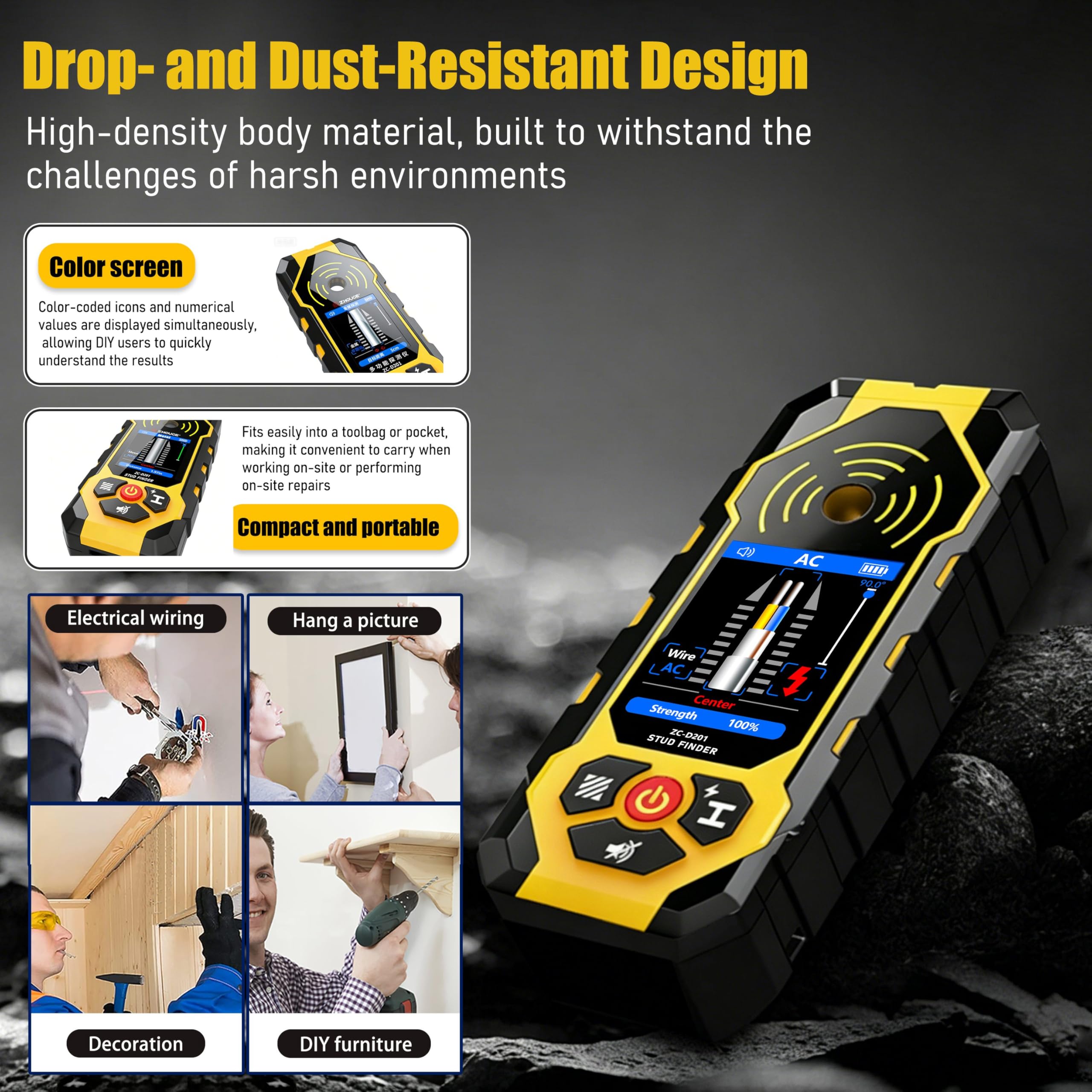 YILTION ZC-D201 6-in-1 Stud Finder - Detects Wood, Metal & More -9