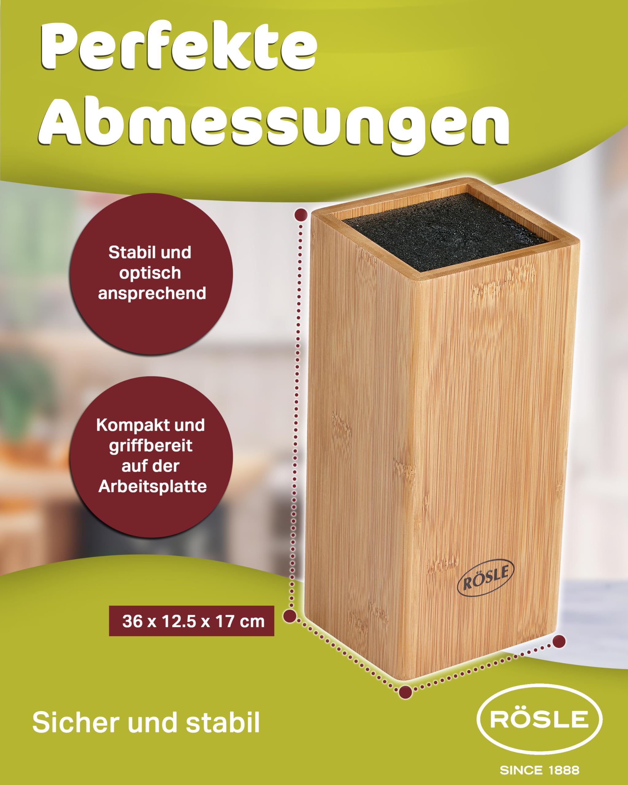 RÖSLE CUISINE Bürsten Messerblock, 7-tlg. Set: Bambusholzblock mit 5 scharfen Küchenmessern und einer Küchenschere, Klingenspezialstahl, Fingerschutz, scharfes Messerset für alle Schneidearbeiten