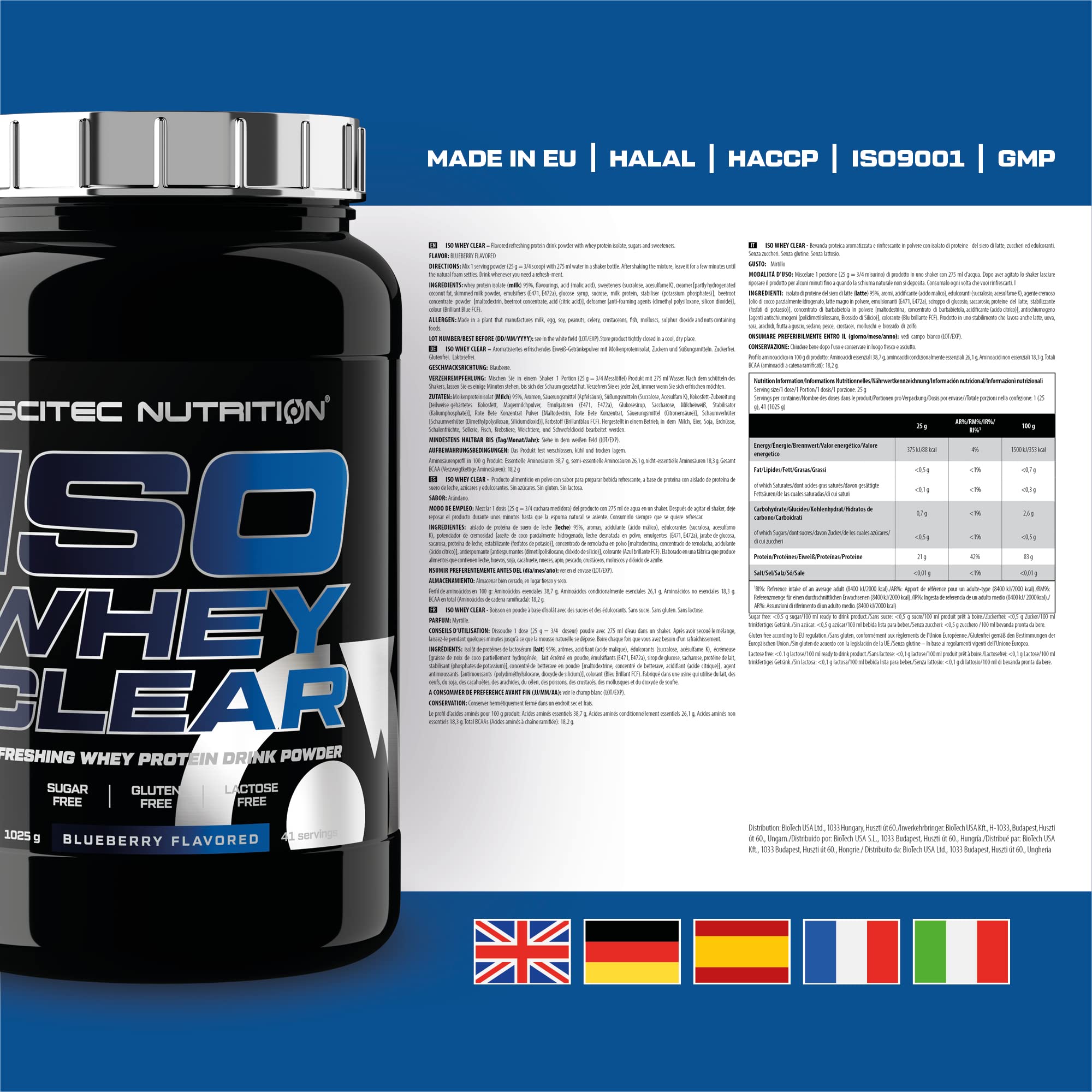 Scitec Nutrition Iso Whey Clear - Boisson protéinée rafraîchissante - Sans sucre - Sans lactose - Sans gluten - Sans huile de palme, 1025 g, Myrtille