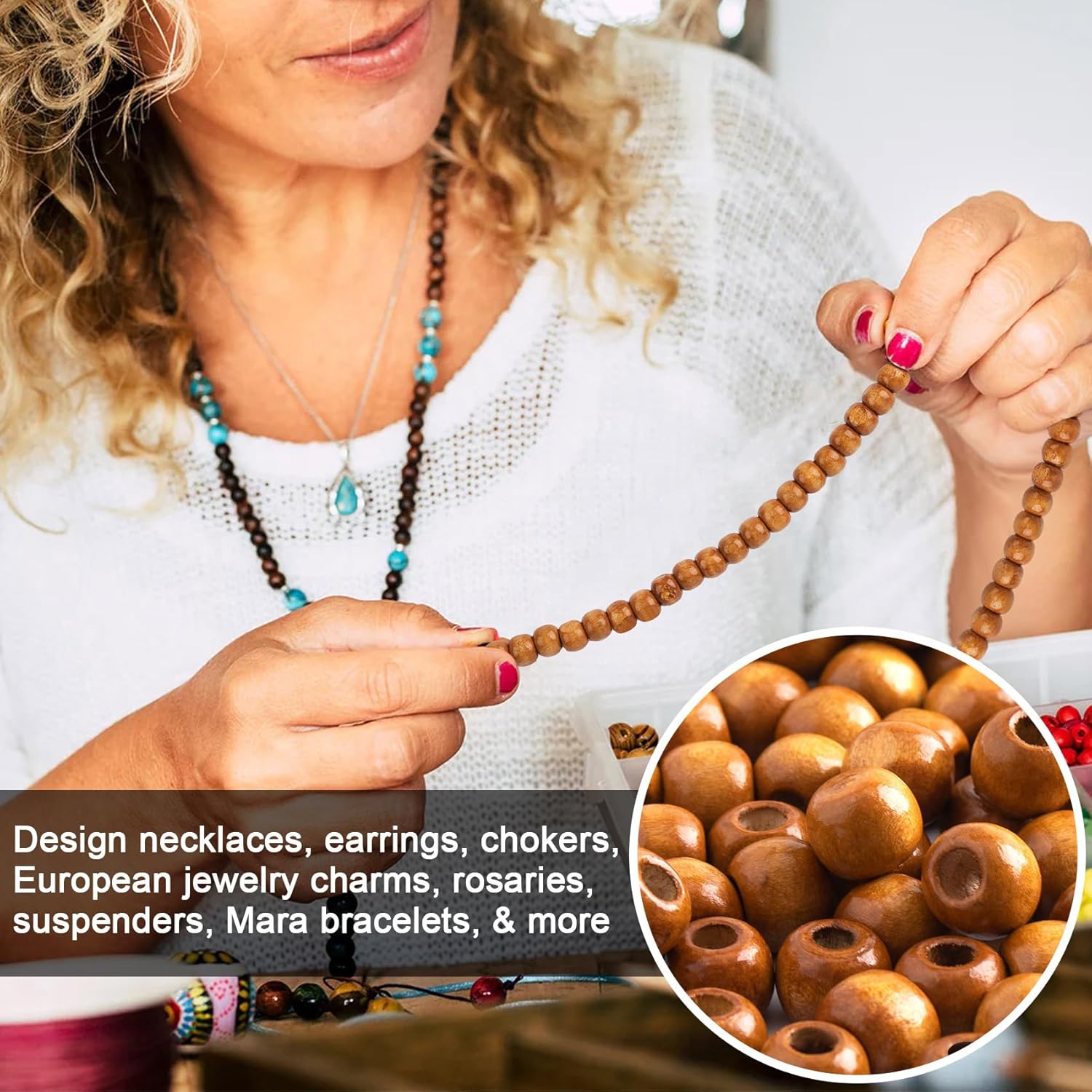 100pcs 9x10mm Wooden Beads for Crafts, Large Hole Round Wood Spacer, Vintage Wooden Hair Beads for Macrame Necklace Bracelet DIY Craft Handmade Decor- Coffee - Image 4