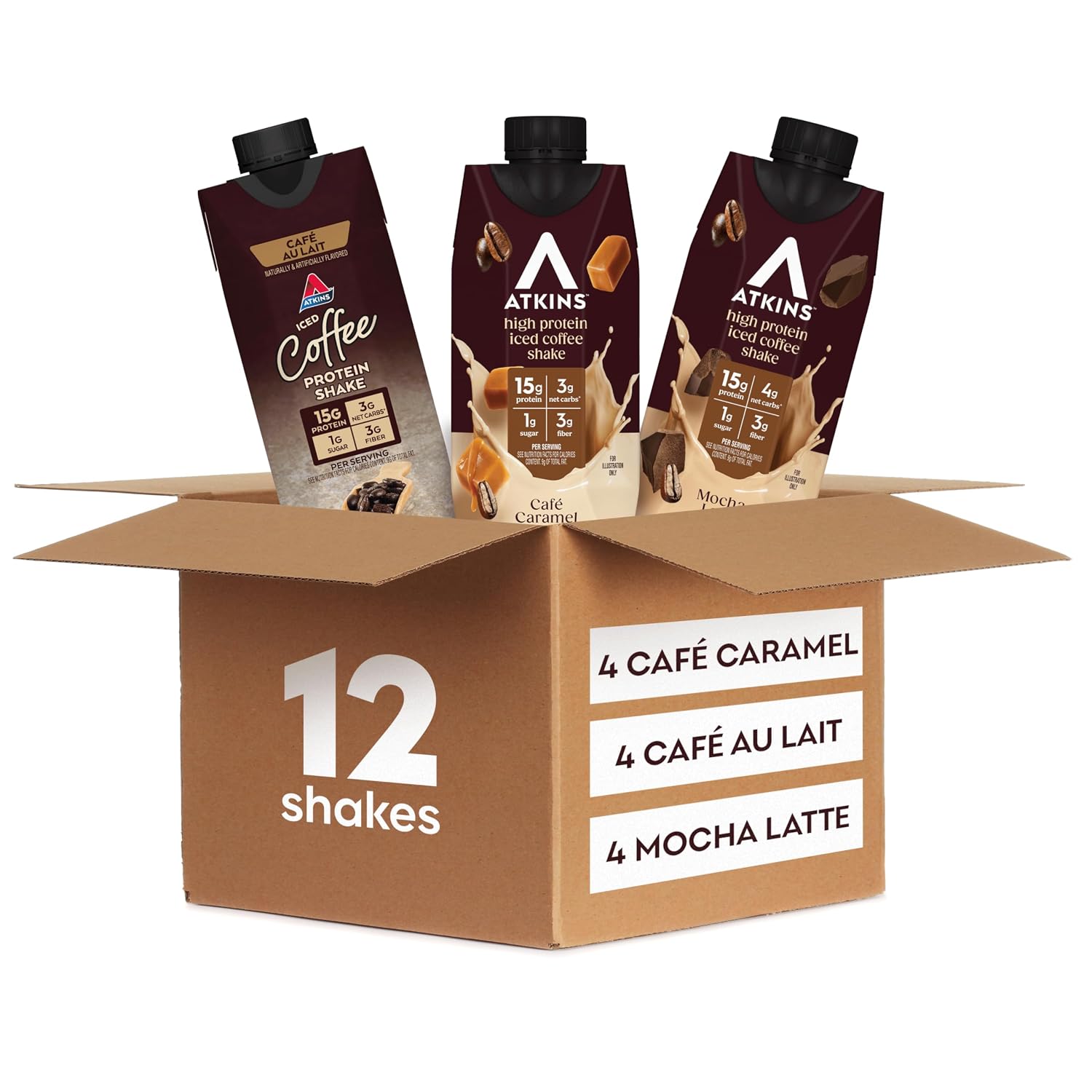 Atkins Coffee Lovers High Protein Shake Variety Pack, 15g Protein, 12 Count | Mocha Latte, Café Caramel and Café Au Lait Flavors, 4 Each Flavor,3-4g Net Carbs 3g Fiber, Contains Caffeine