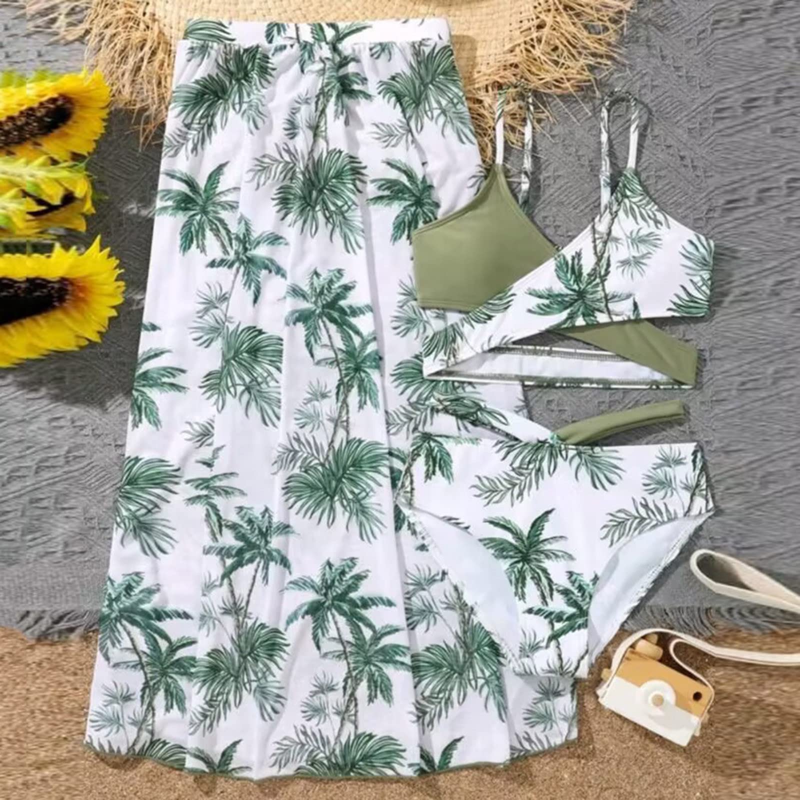 RNTOP Girls 3Pieces Bikini Bathing Suit Tropical Swimsuit with Rash Guard Pants Quick Drying (Green, 10-12 Years)