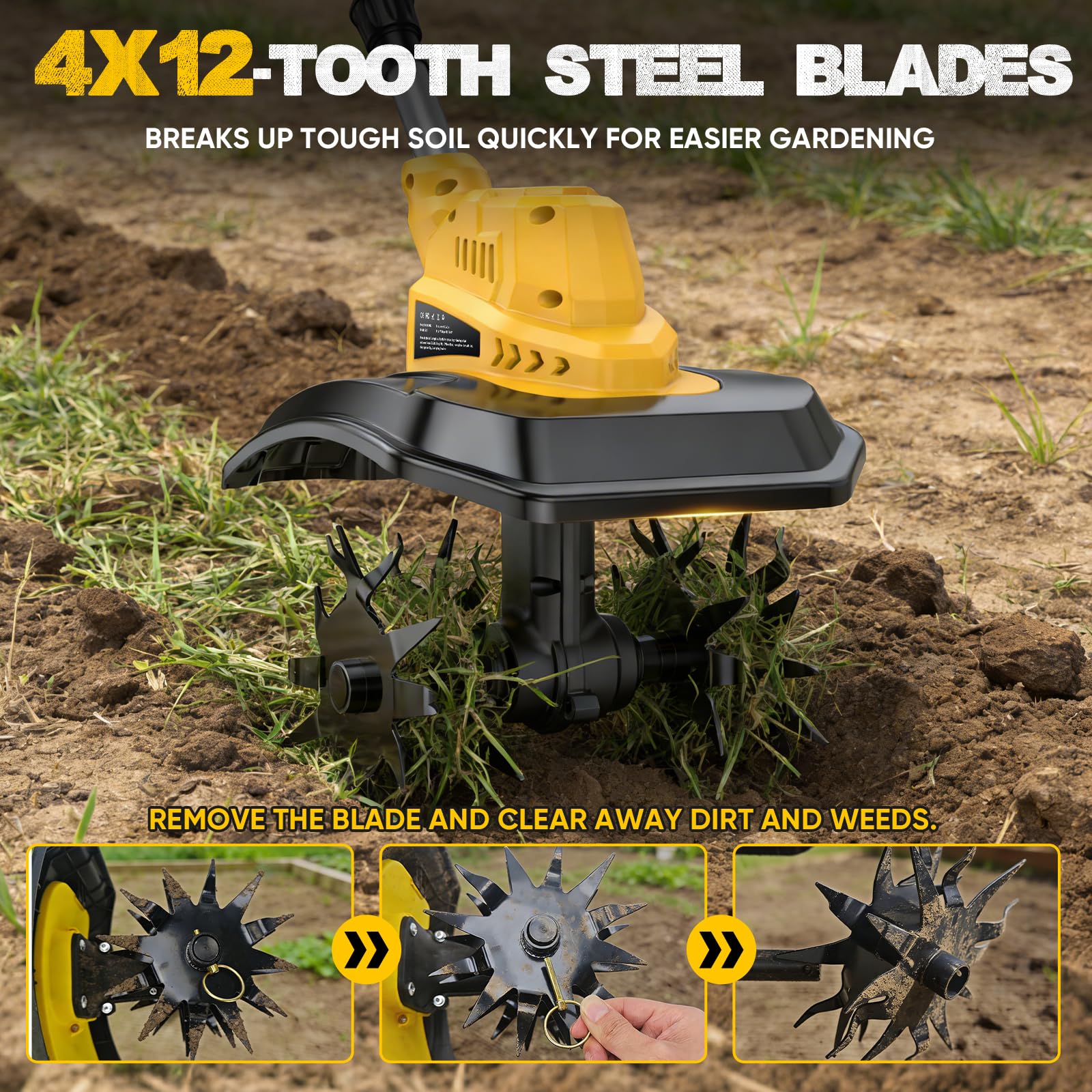 Motocultor Eléctrico Inalámbrico con 2 Baterías de 4,0 Ah, 400 RPM, Batería Sin Escobillas, Ancho 23 cm y Profundidad 21 cm, Motocultor Plegable para Labrar y Suavizar el Suelo