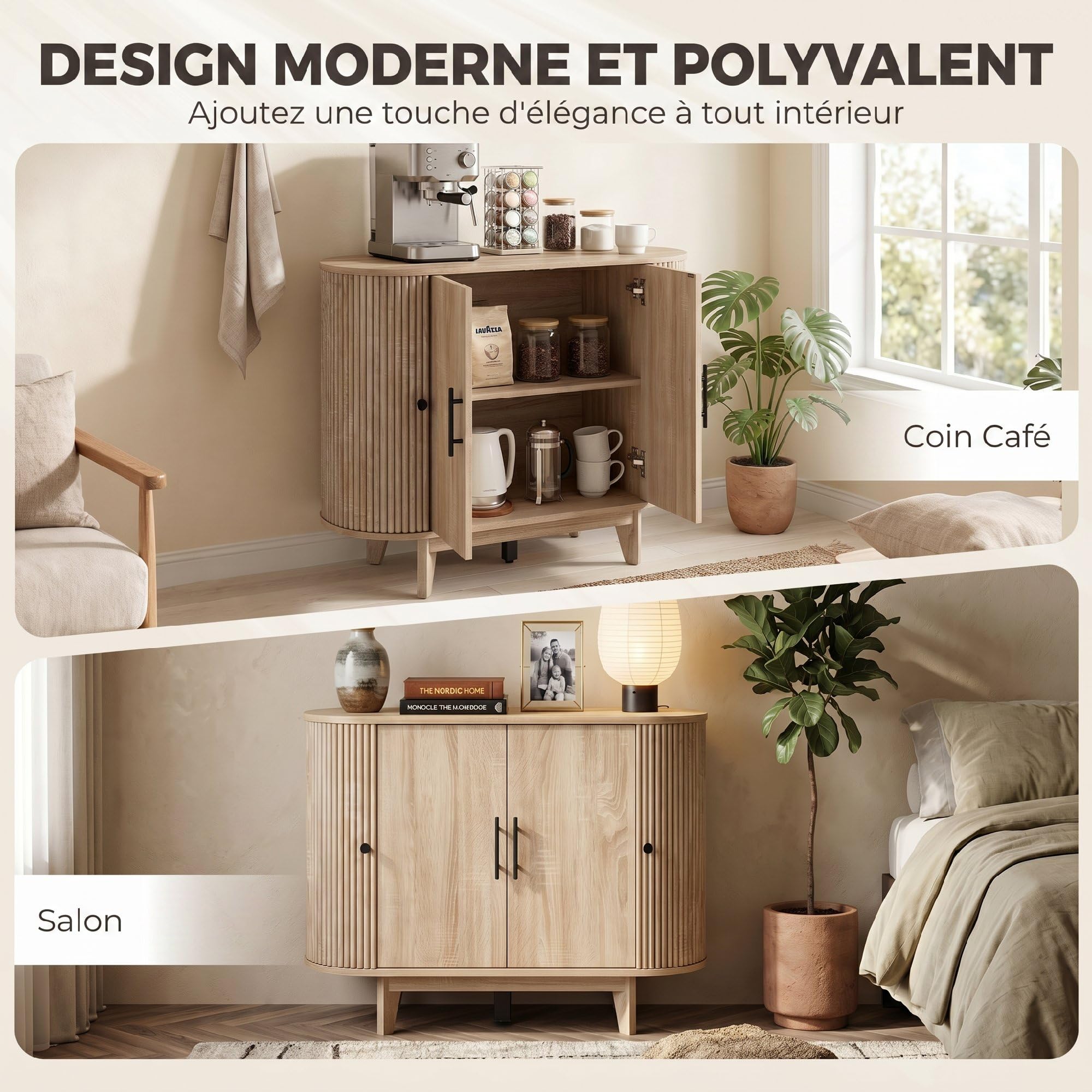 HOMCOM Buffet Salon, Meuble de Rangement Ovale avec 4 Portes et Étagère Réglable, 5 Pieds Stables, Style Moderne, Buffet Salle à Manger et Cuisine, 90x40x76cm, Chêne