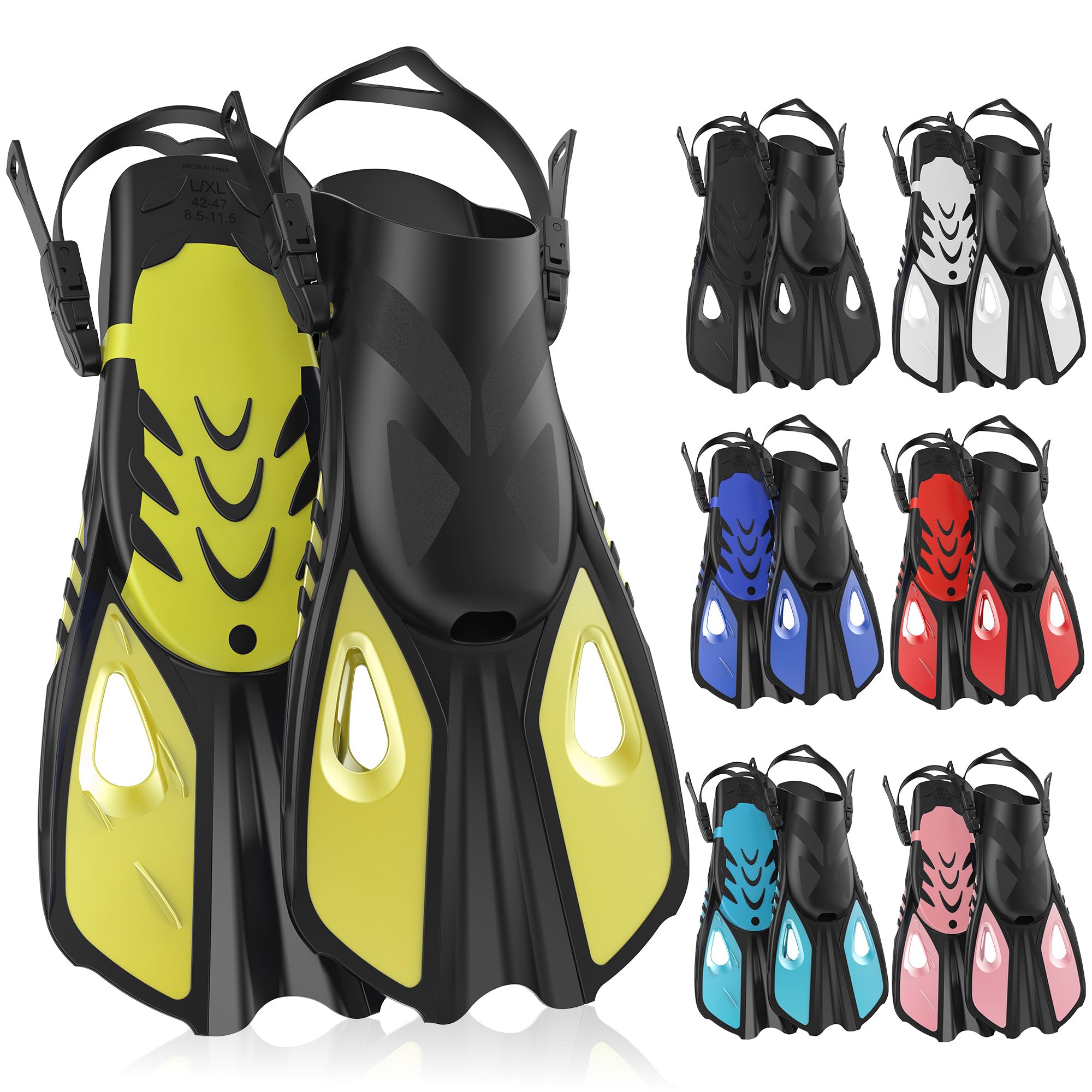 Snorkel Fins, Swim Fins Travel Size Short Adjustable for Snorkeling Diving Adult Men Women Open Heel Swimming Flippers (Yellow, S/M (UK 3.5–7.5 / US 4.5–8.5 / EU 36–42)) — image 1