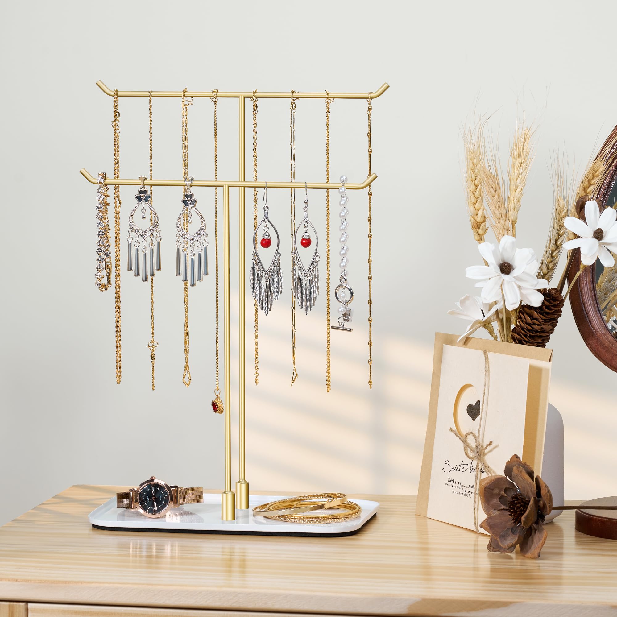 Josmimic Soporte para joyas, bandeja para joyas, organizador de joyas para collares, pulseras, pendientes, anillos, idea de regalo, dorado