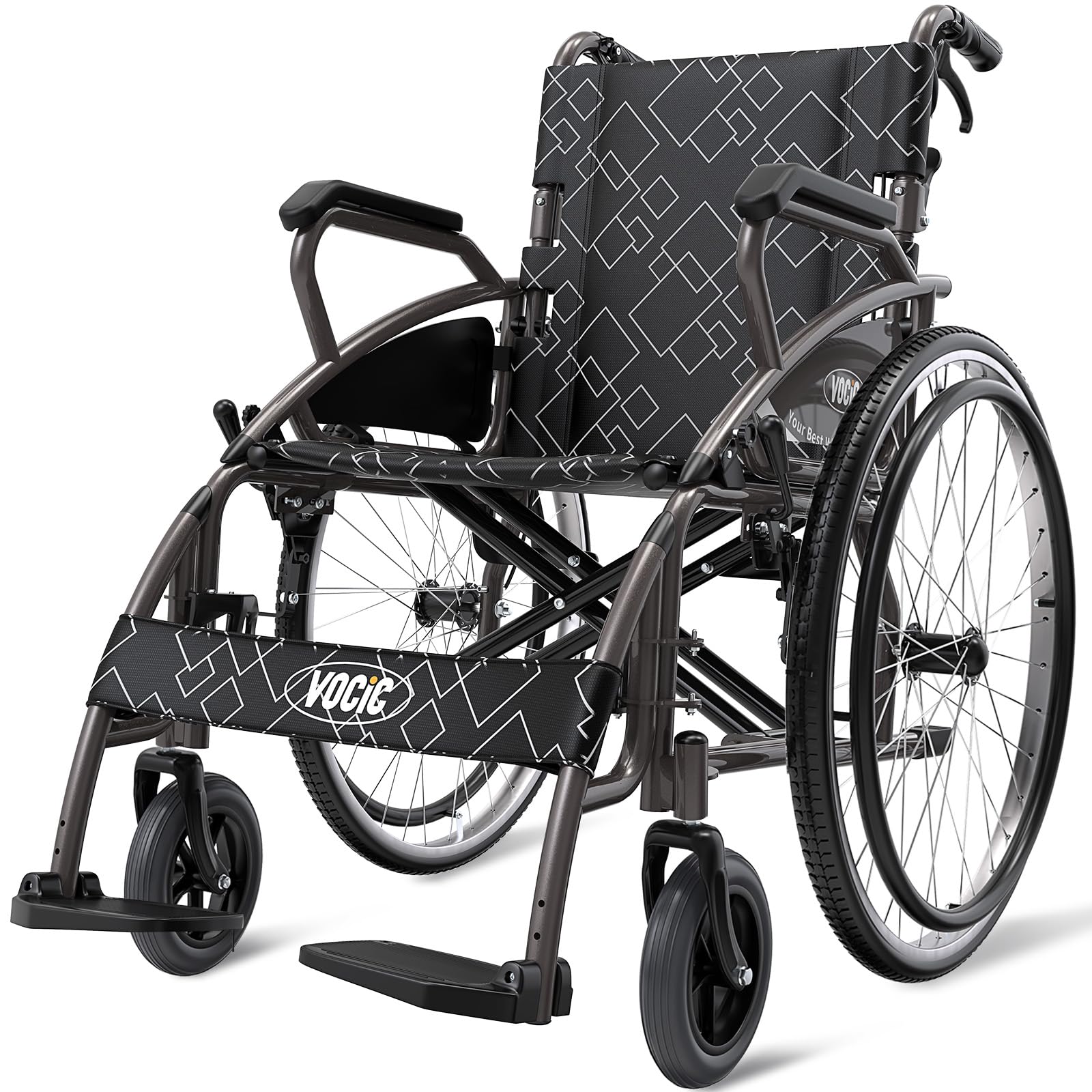VOCIC U31 silla de ruedas plegable ligera 150KG,Sillas ruedas aluminio para adultos e ancianos estable,Diseño de freno doble,Neumáticos de goma 60CM para todo tipo de terrenos|Gris Luminoso