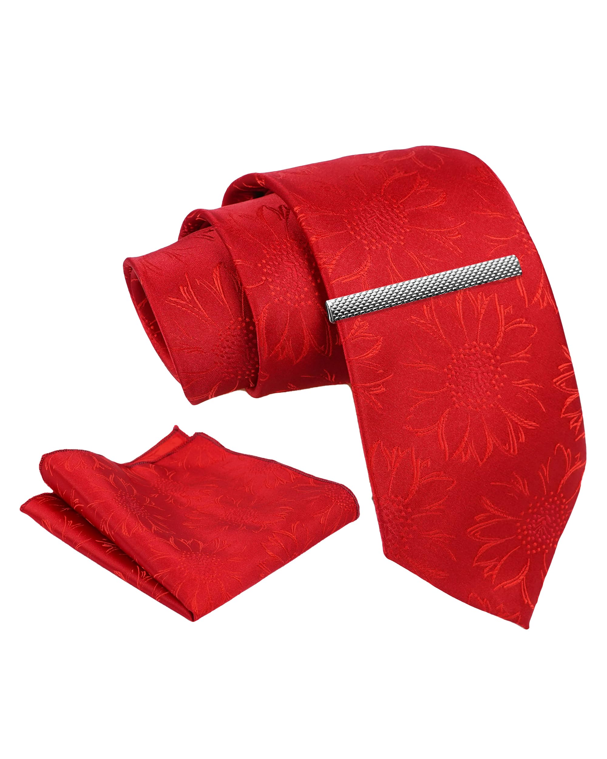 axlon Tie for Men – Geometric Silk Neck Ties Set with Cufflinks Flower Pin, Pocket Square & Black Gift Box, Combo Necktie Sets for Office Wear, Formal Suits & Weddings (Crimson Red, NXSMX_34)-picture-54