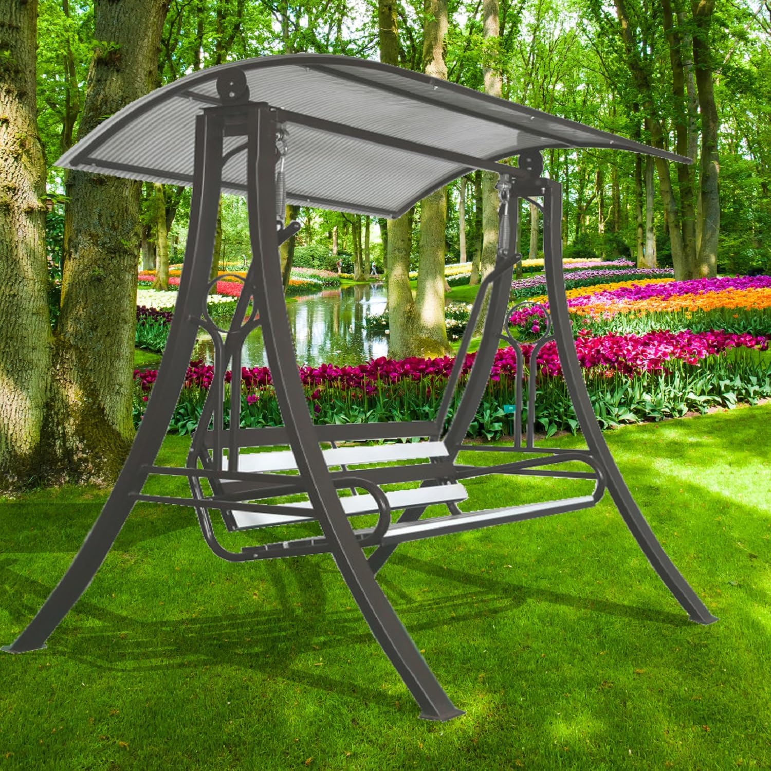 Swing India Outdoor Swings Jhula with Roof Hammock Chair - 3 Seater, High-Strength Iron, 350 kg Capacity, Black-image-36