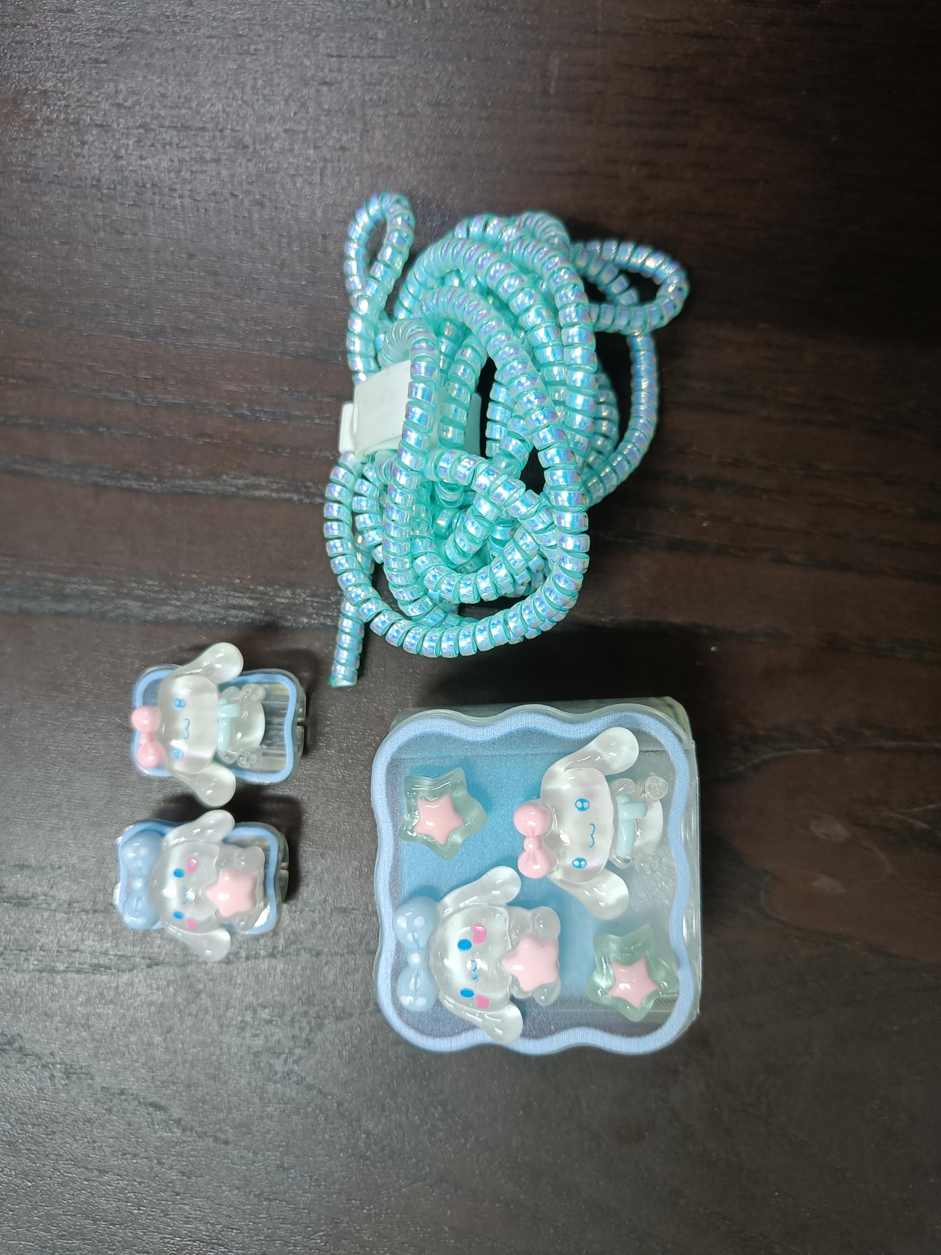 ZNZN Apple i-Phone Charger Protector Case | Soft Silicone Cover for Adapter & Lightning Cable | Anti-Dust, Anti-Scratch, Shockproof, Cute Cartoon Design (White Cat SkyBlue Bow)